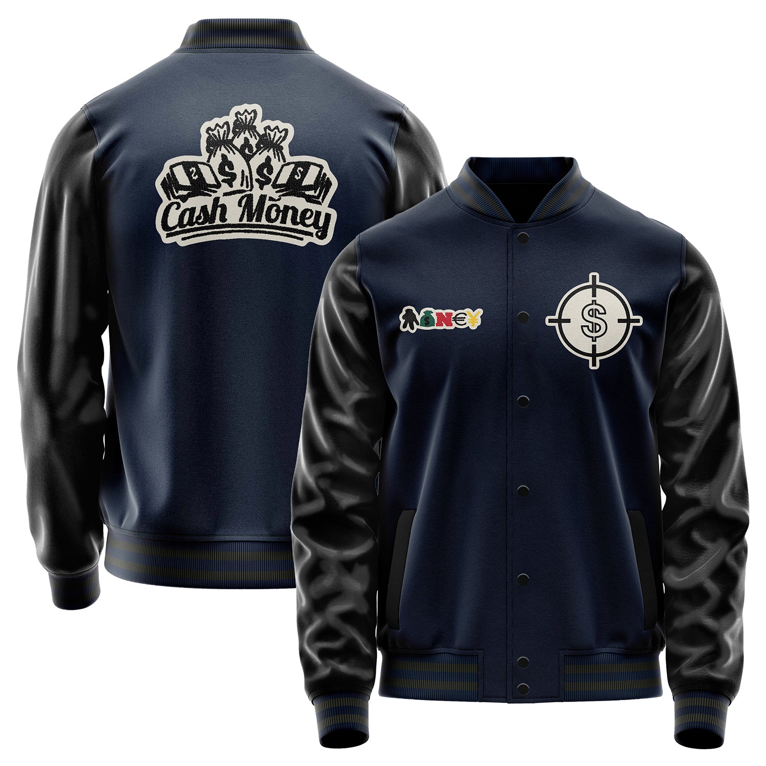 Custom Navy Blue Varsity Jacket Patches Black Leather Sleeves - Cash Money