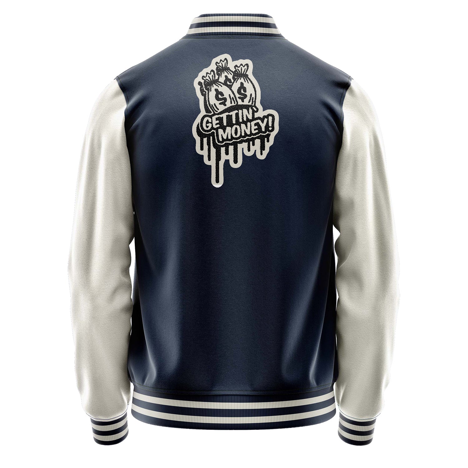 Custom Navy Blue Varsity Jacket Patches Beige Leather Sleeves - Dice