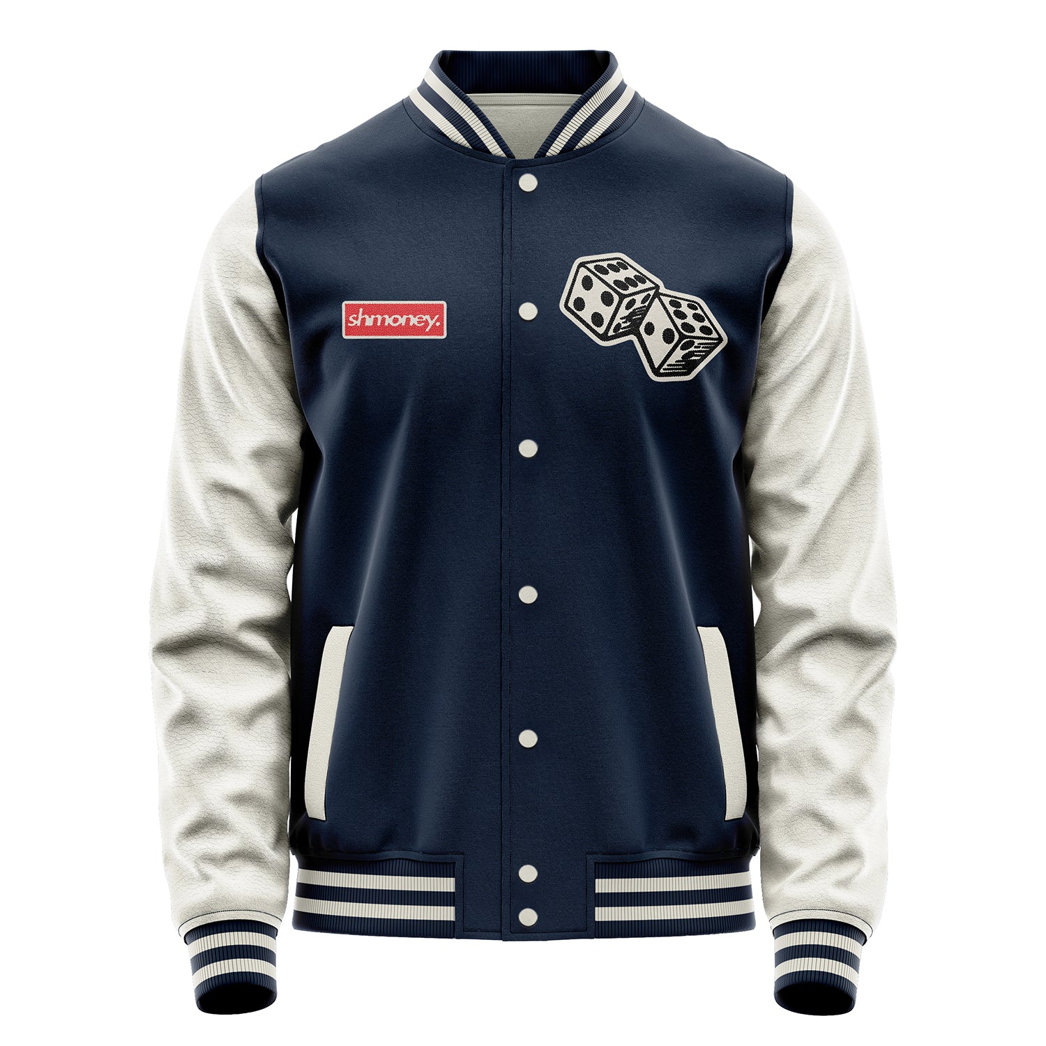 Custom Navy Blue Varsity Jacket Patches Beige Leather Sleeves - Dice