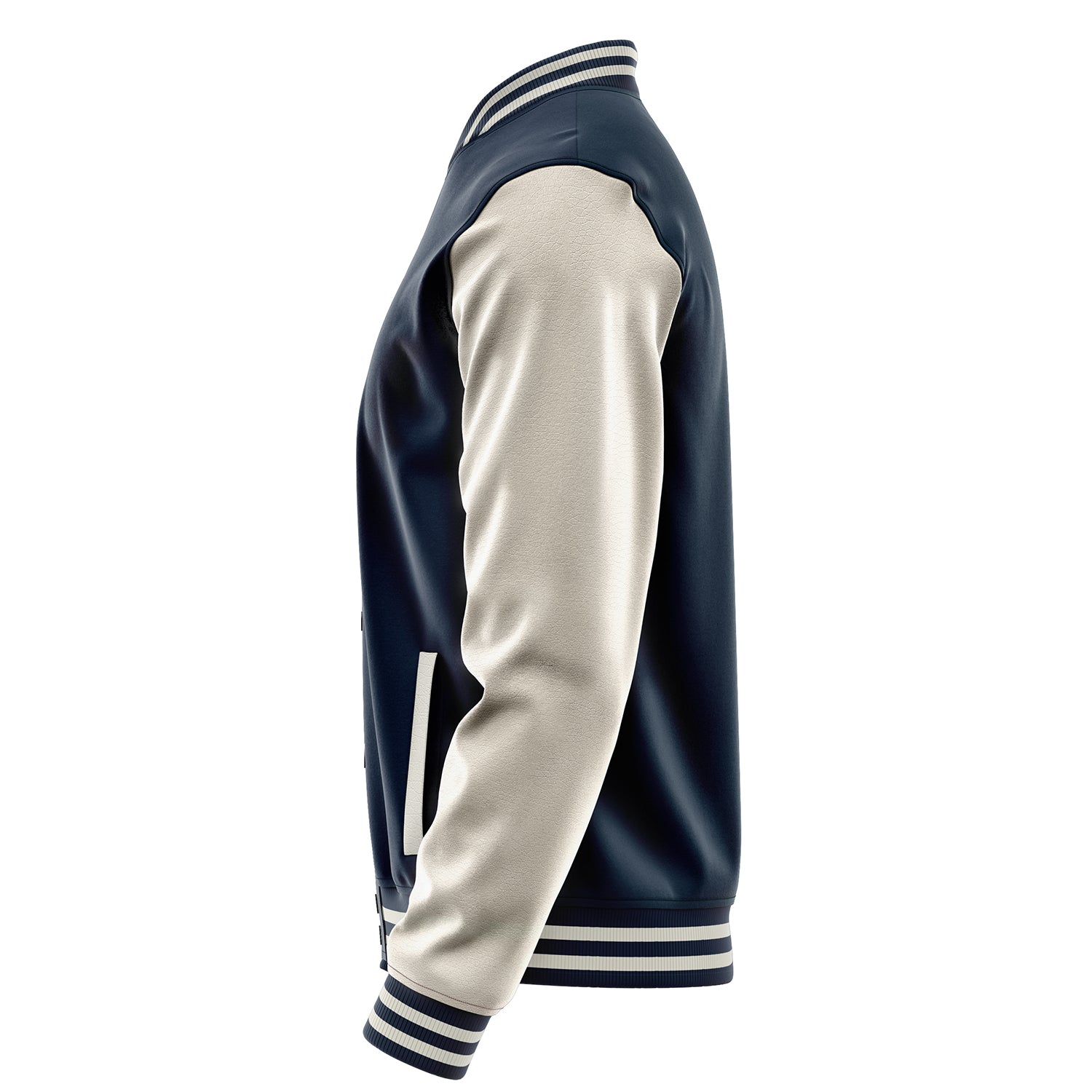 Custom Navy Blue Varsity Jacket Patches Beige Leather Sleeves - Dice