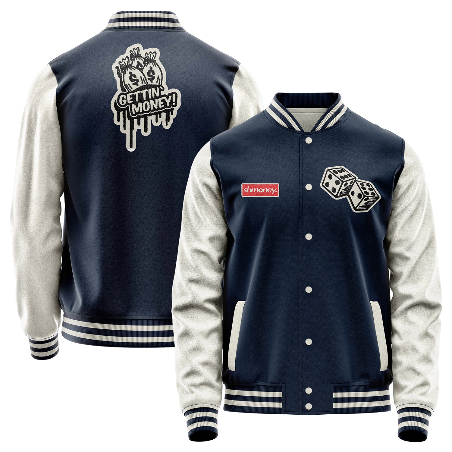 Custom Navy Blue Varsity Jacket Patches Beige Leather Sleeves - Dice