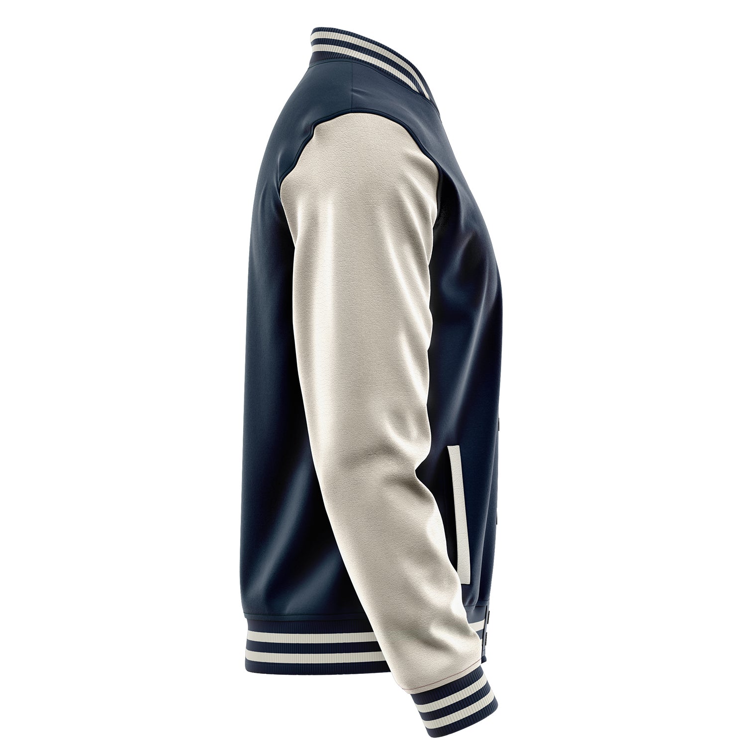 Custom Navy Blue Varsity Jacket Patches Beige Leather Sleeves - Dice