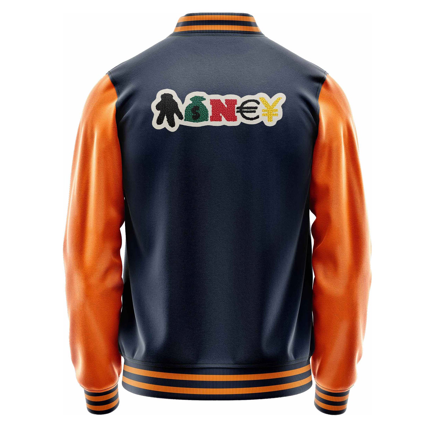 Custom Navy Blue Varsity Jacket Patches Orange Leather Sleeves - Dollar Badge