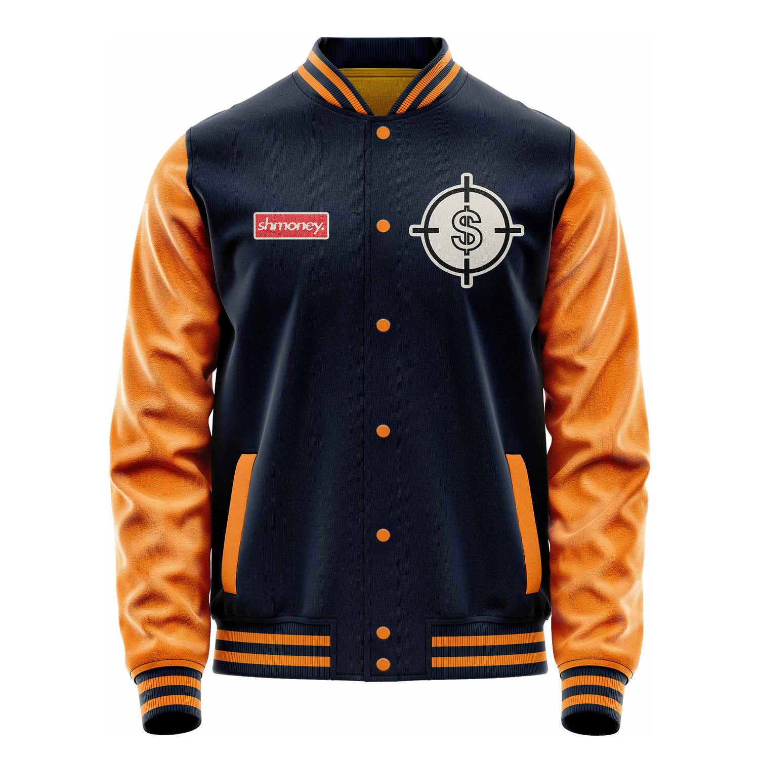 Custom Navy Blue Varsity Jacket Patches Orange Leather Sleeves - Dollar Badge