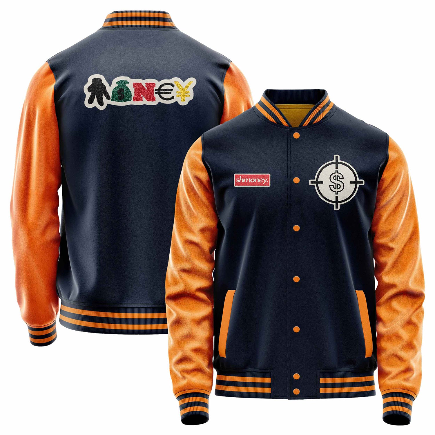 Custom Navy Blue Varsity Jacket Patches Orange Leather Sleeves - Dollar Badge