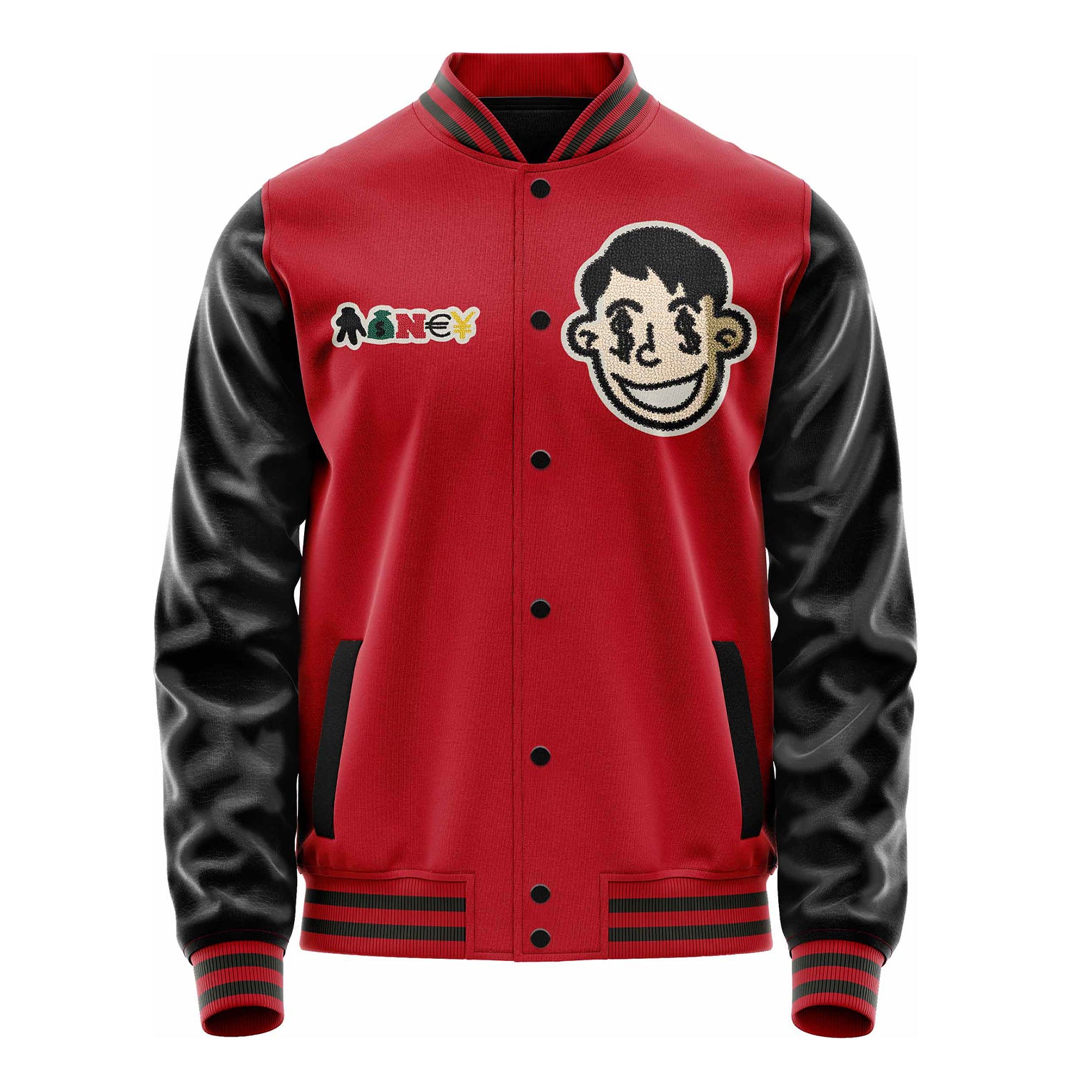 Custom Red Varsity Jacket Patches Black Leather Sleeves - Money