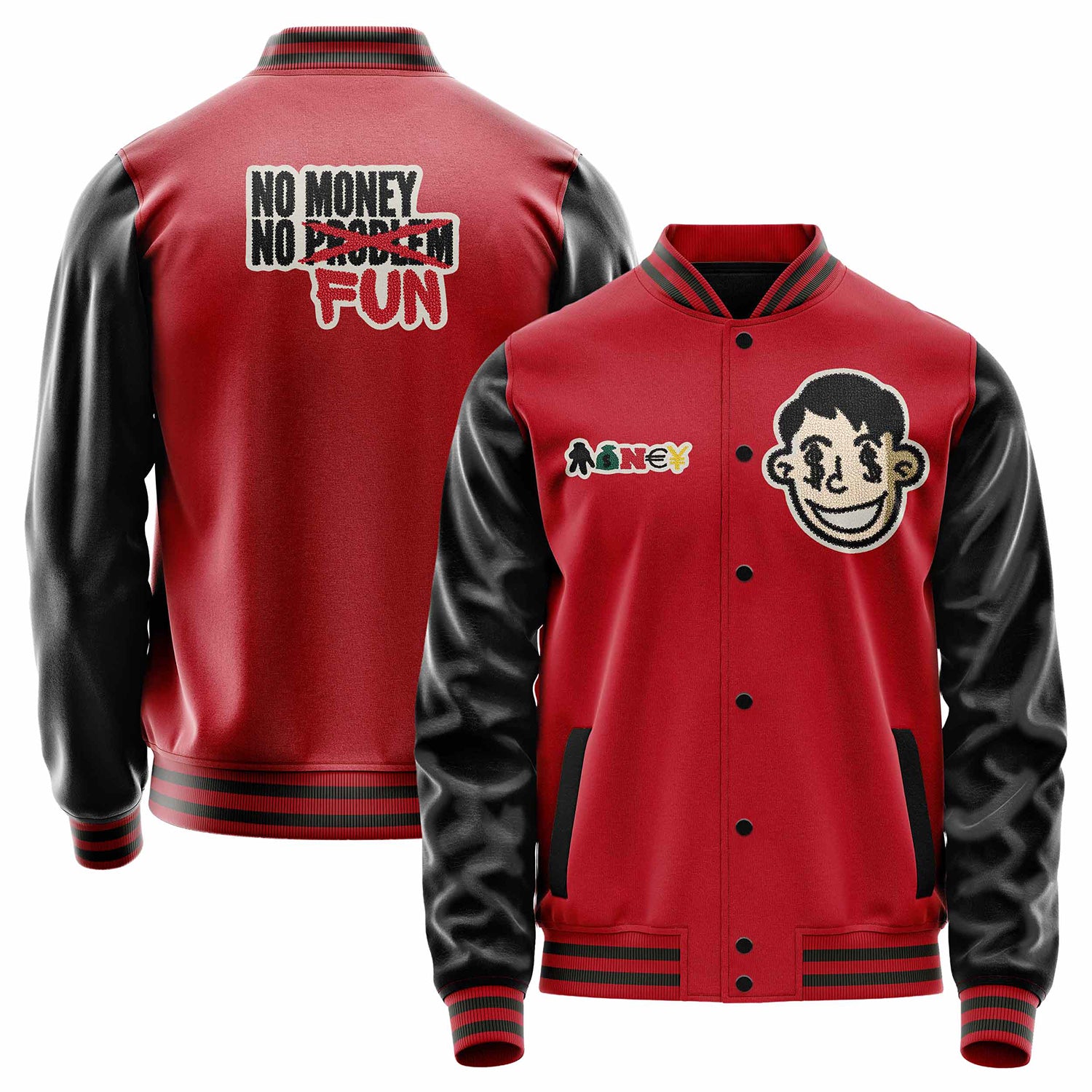 Custom Red Varsity Jacket Patches Black Leather Sleeves - Money