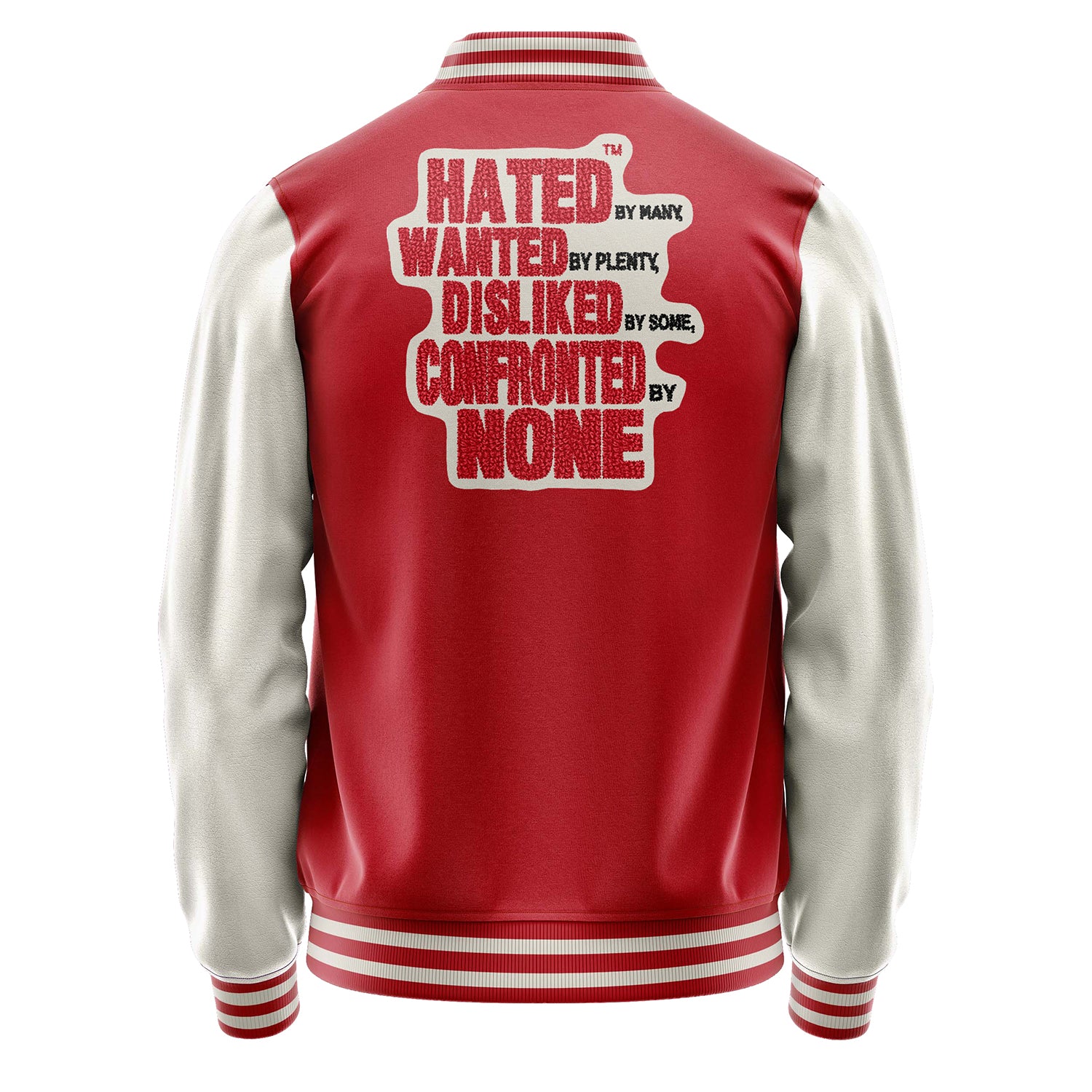 Custom Red Varsity Jacket Patches Beige Leather Sleeves - Hated Wanted Dosliked Confornted NONE