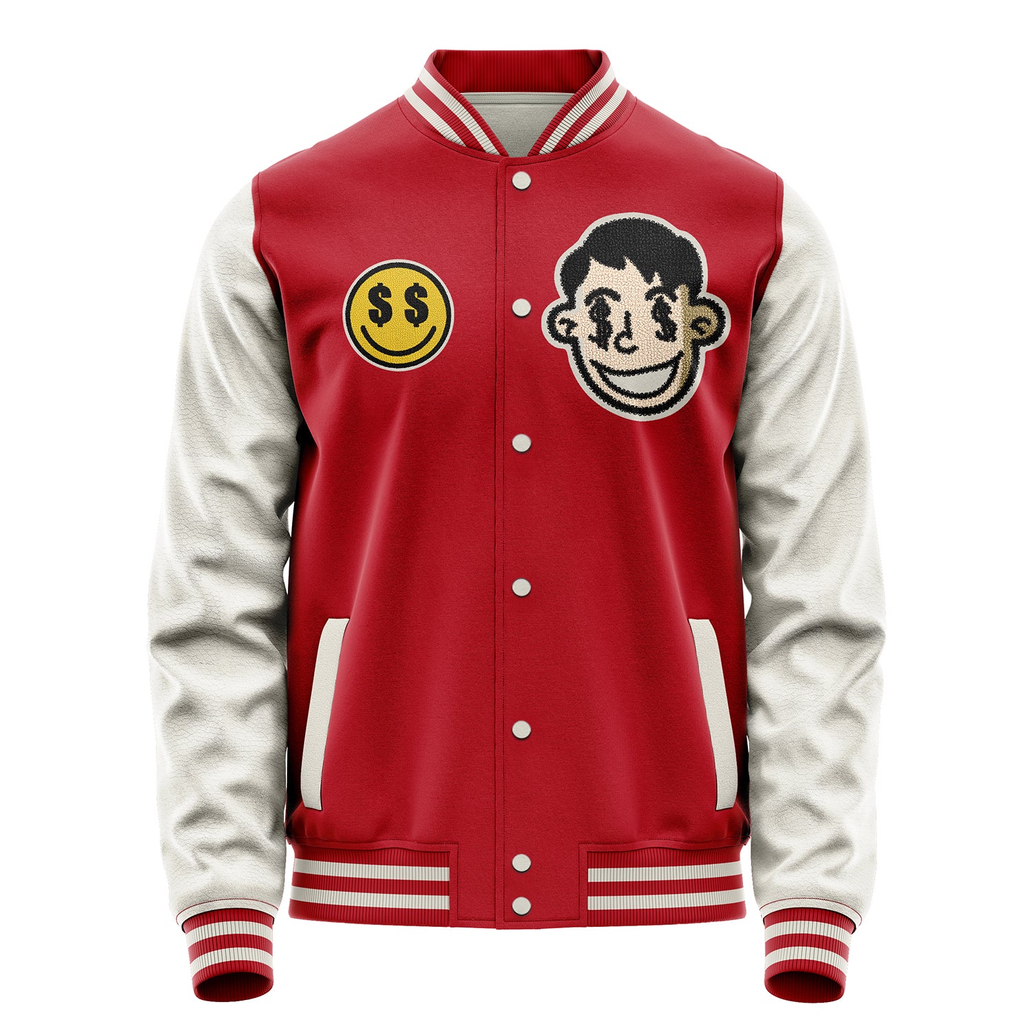 Custom Red Varsity Jacket Patches Beige Leather Sleeves - Hated Wanted Dosliked Confornted NONE