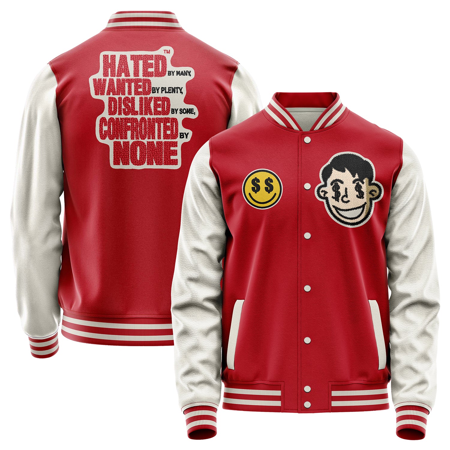 Custom Red Varsity Jacket Patches Beige Leather Sleeves - Hated Wanted Dosliked Confornted NONE