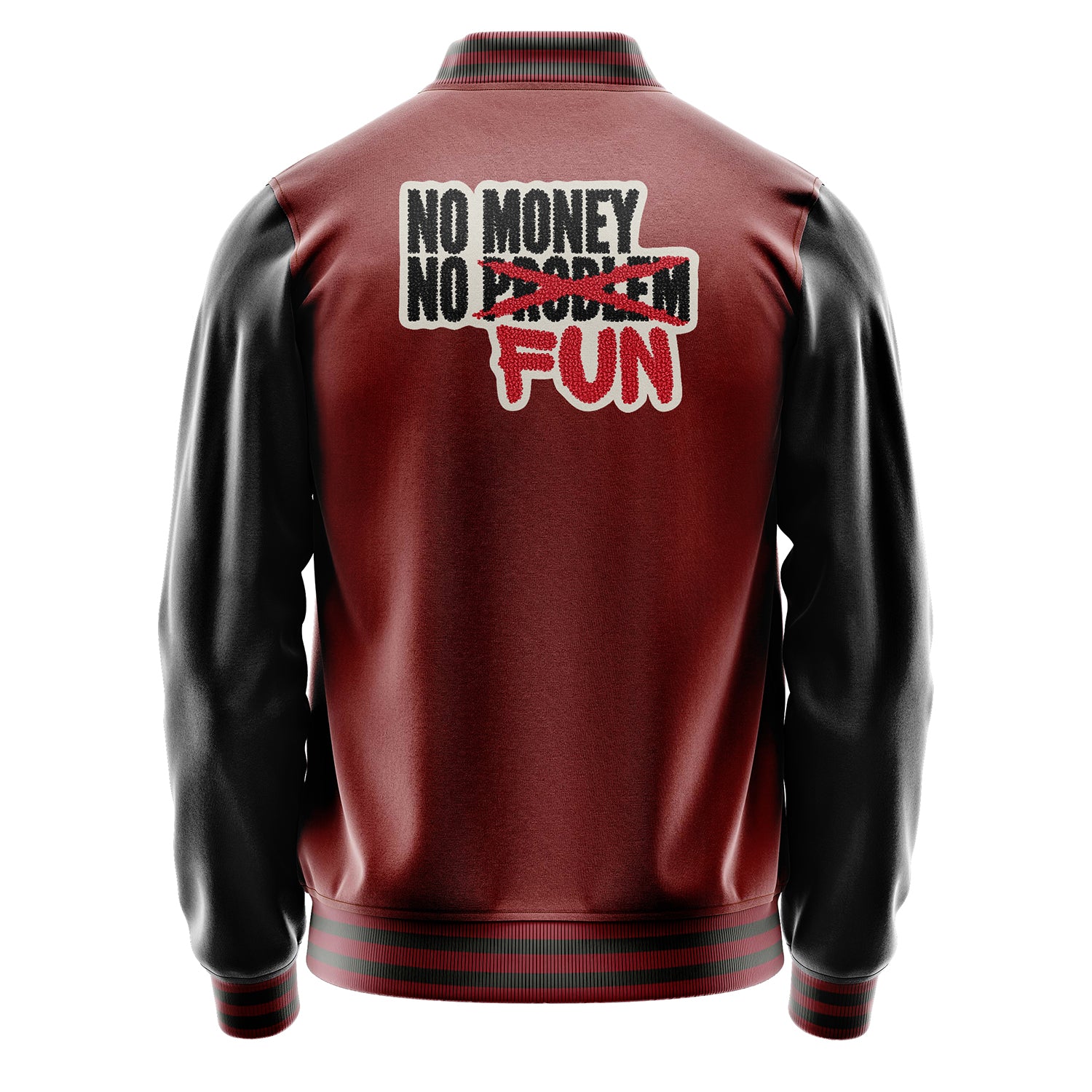 Custom Dark Red Varsity Jacket Patches Black Leather Sleeves - Dice