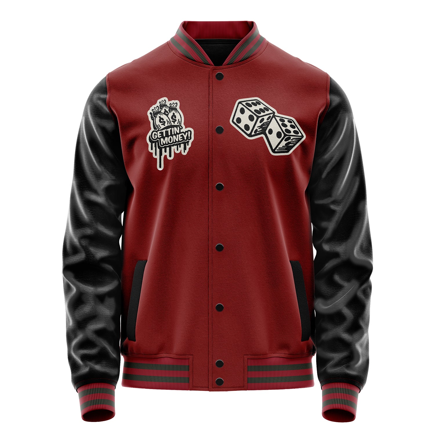 Custom Dark Red Varsity Jacket Patches Black Leather Sleeves - Dice