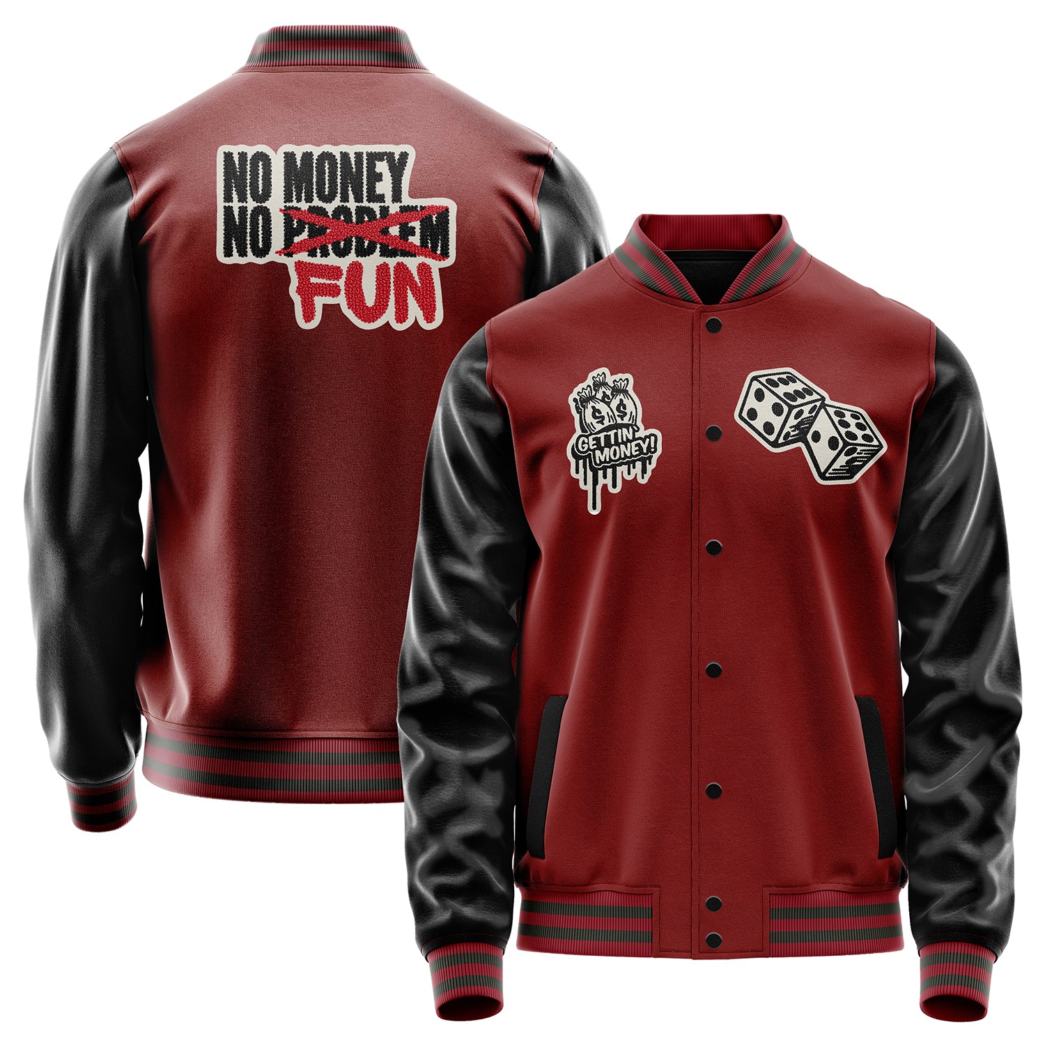 Custom Dark Red Varsity Jacket Patches Black Leather Sleeves - Dice