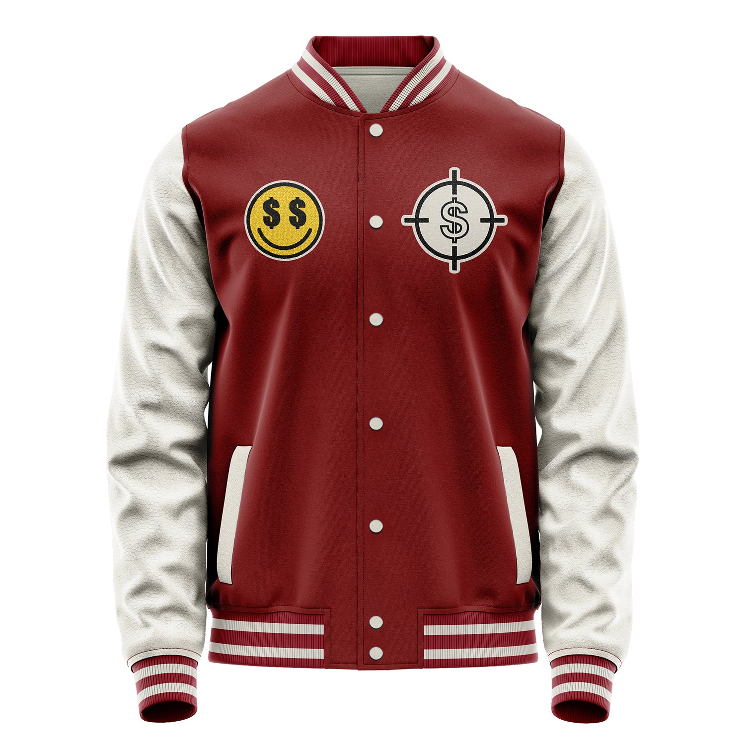 Custom Dark Red Varsity Jacket Patches Beige Leather Sleeves - Dollar Badge