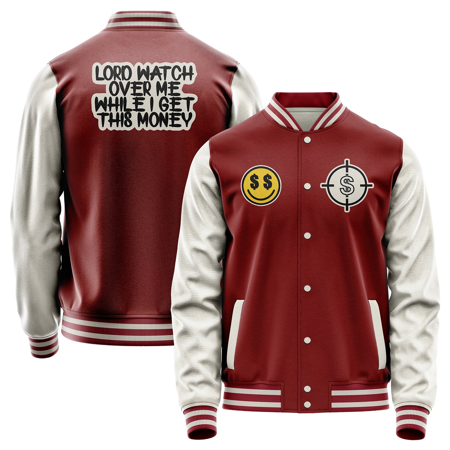 Custom Dark Red Varsity Jacket Patches Beige Leather Sleeves - Dollar Badge