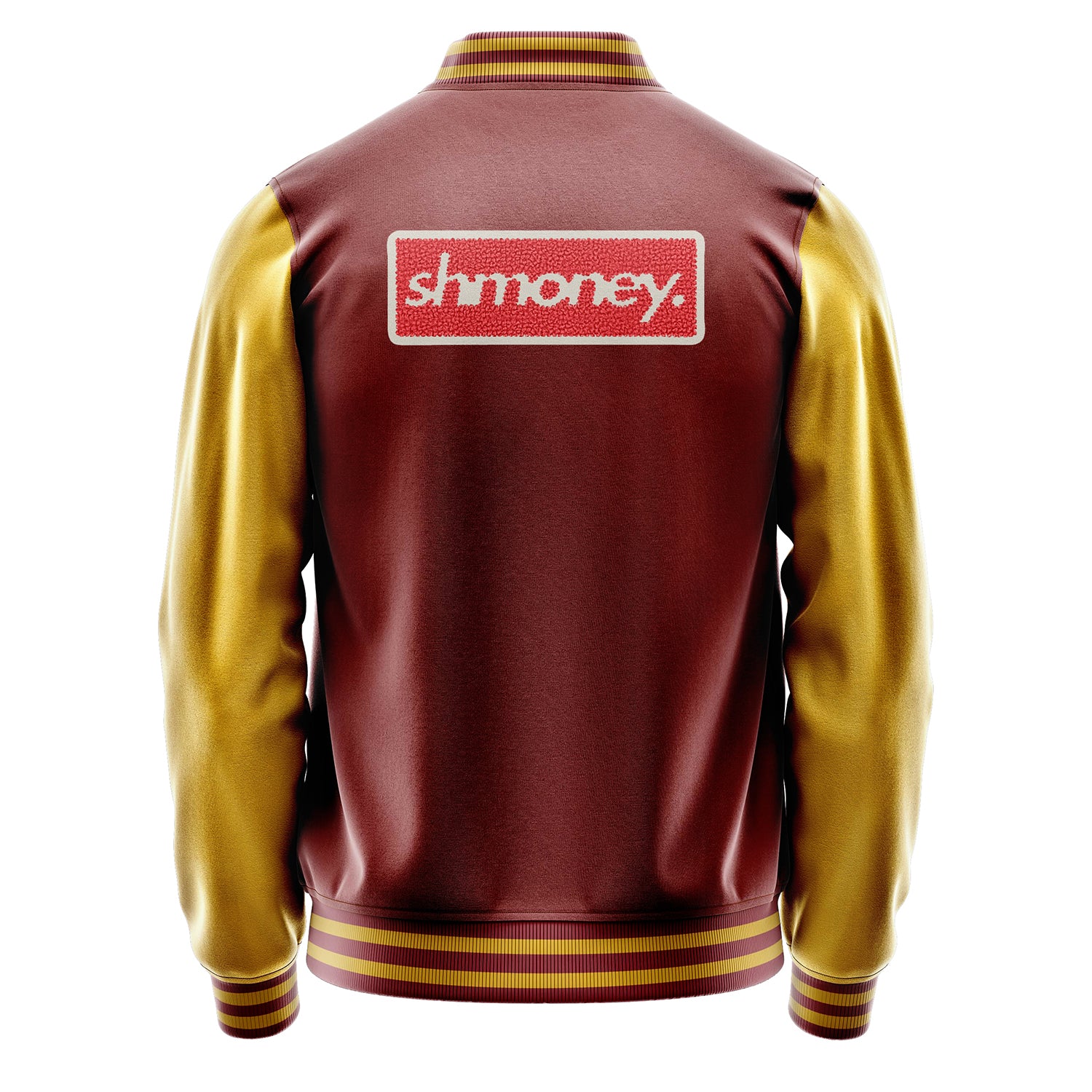 Custom Dark Red Varsity Jacket Patches Egg Yellow Leather Sleeves - No money no Fun