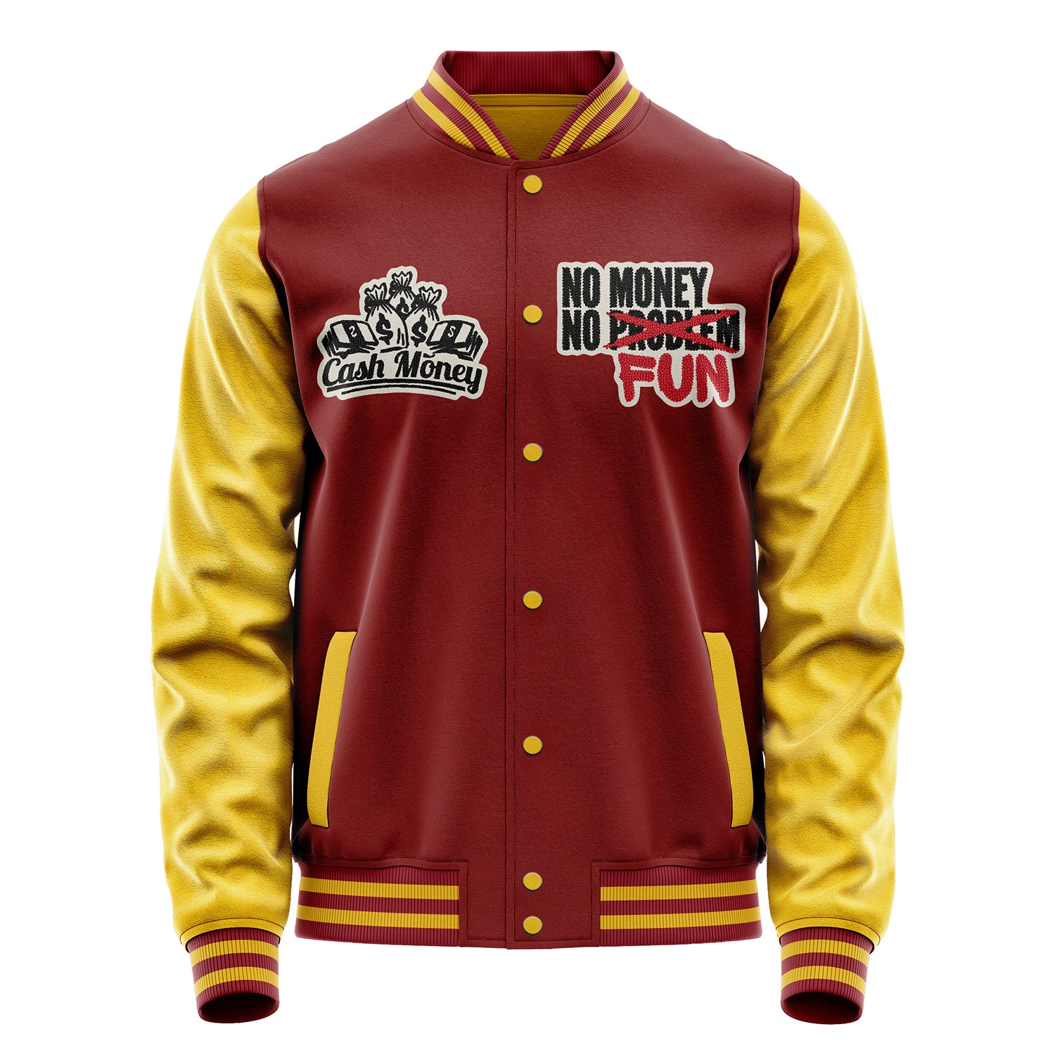 Custom Dark Red Varsity Jacket Patches Egg Yellow Leather Sleeves - No money no Fun