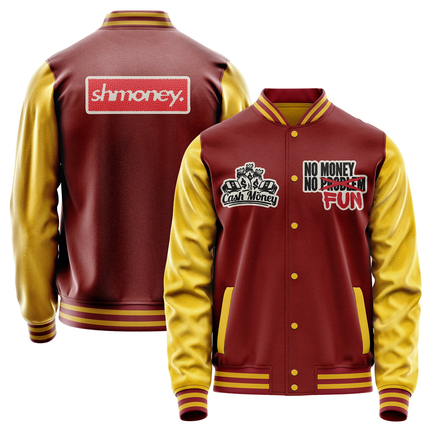 Custom Dark Red Varsity Jacket Patches Egg Yellow Leather Sleeves - No money no Fun