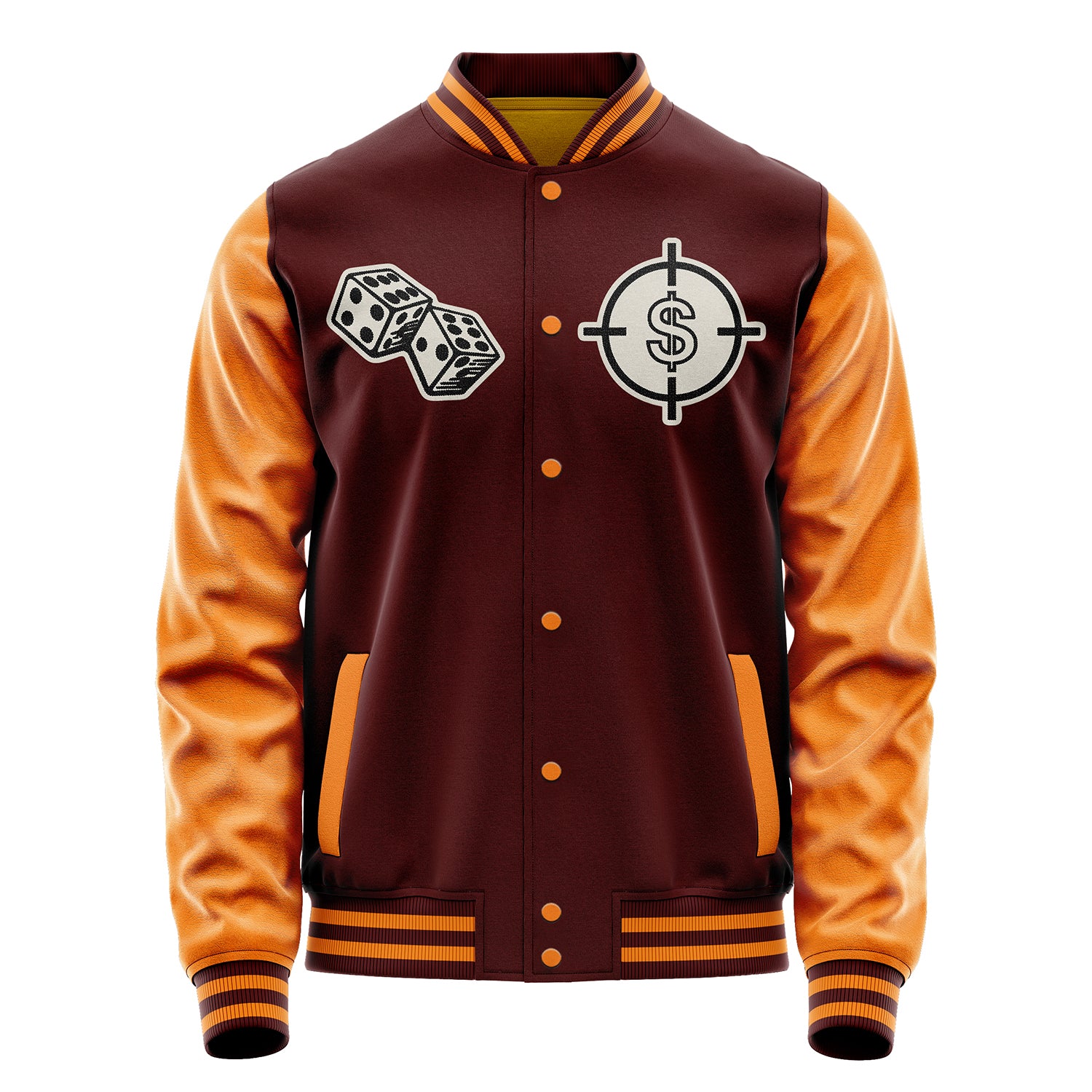 Custom Wine Red Varsity Jacket Patches Orange Leather Sleeves - Dice