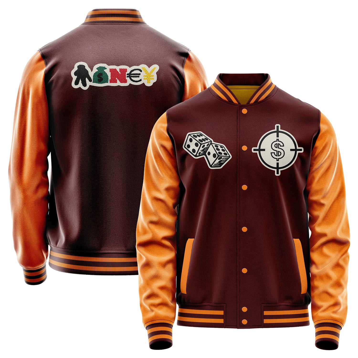 Custom Wine Red Varsity Jacket Patches Orange Leather Sleeves - Dice