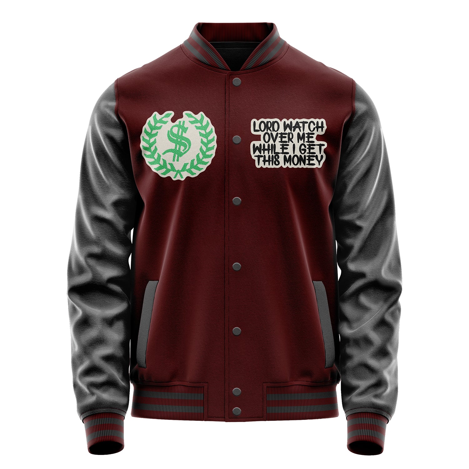 Custom Wine Red Varsity Jacket Patches Dark Gray Leather Sleeves - Lord Watch Over Me