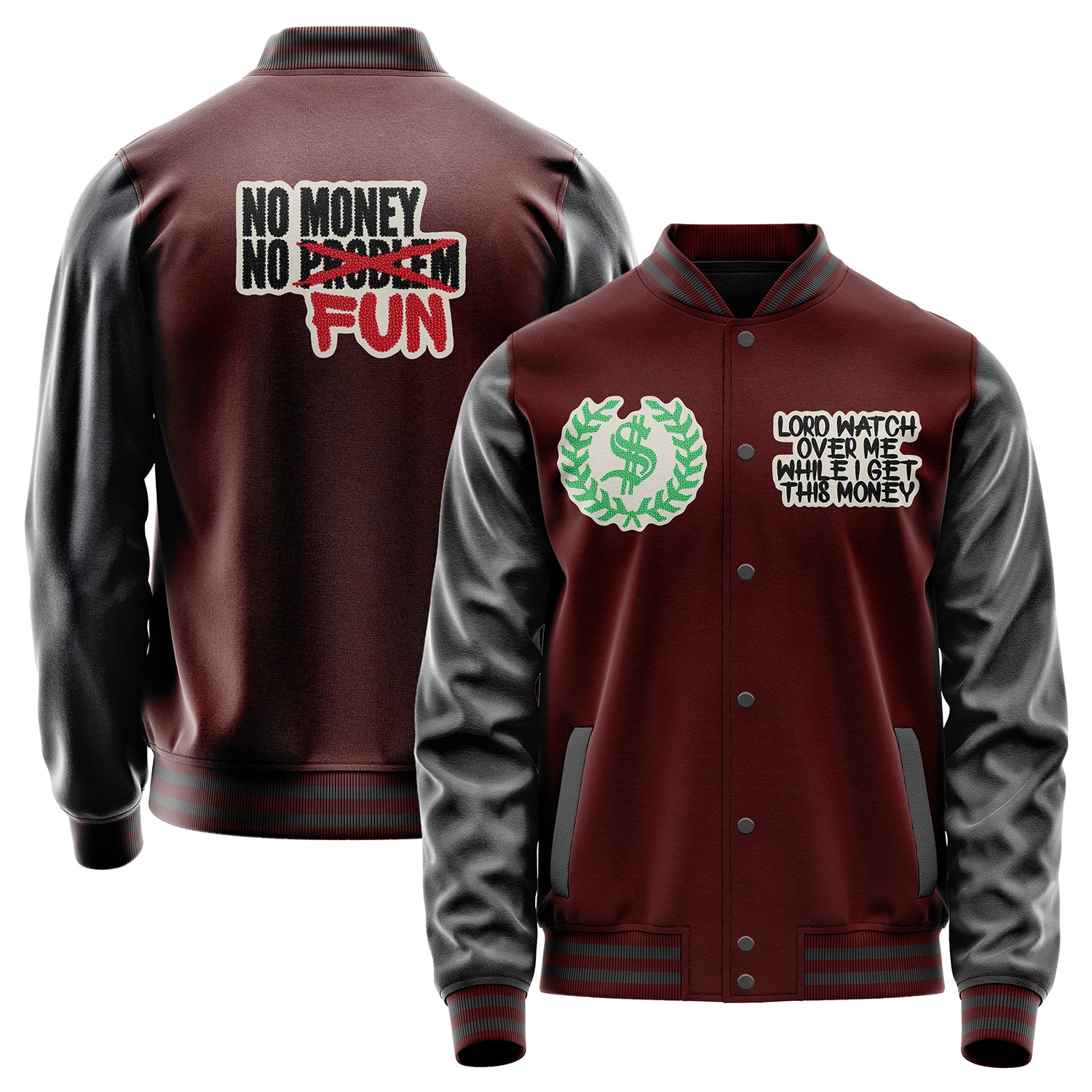 Custom Wine Red Varsity Jacket Patches Dark Gray Leather Sleeves - Lord Watch Over Me