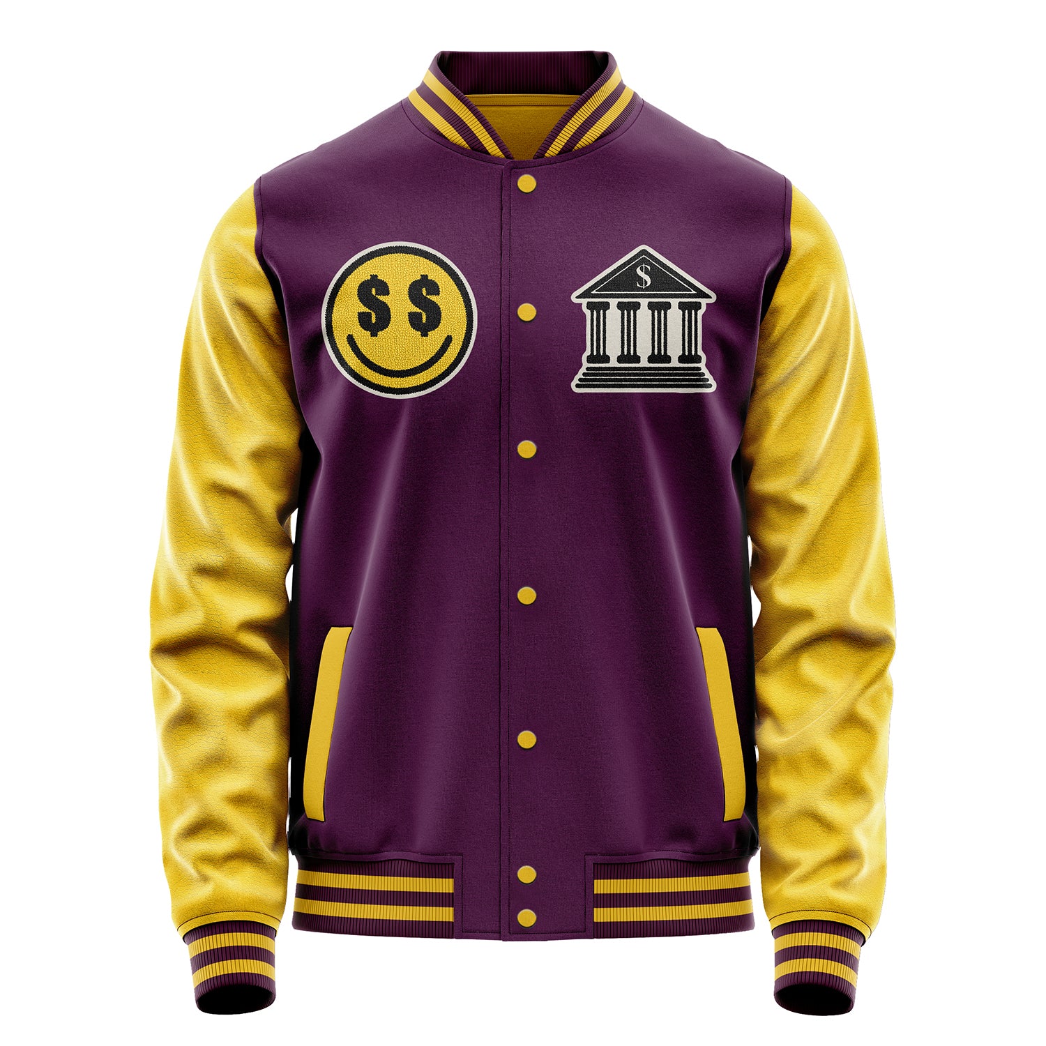 Custom Purple Varsity Jacket Patches Egg Yellow Leather Sleeves - Boy emoji