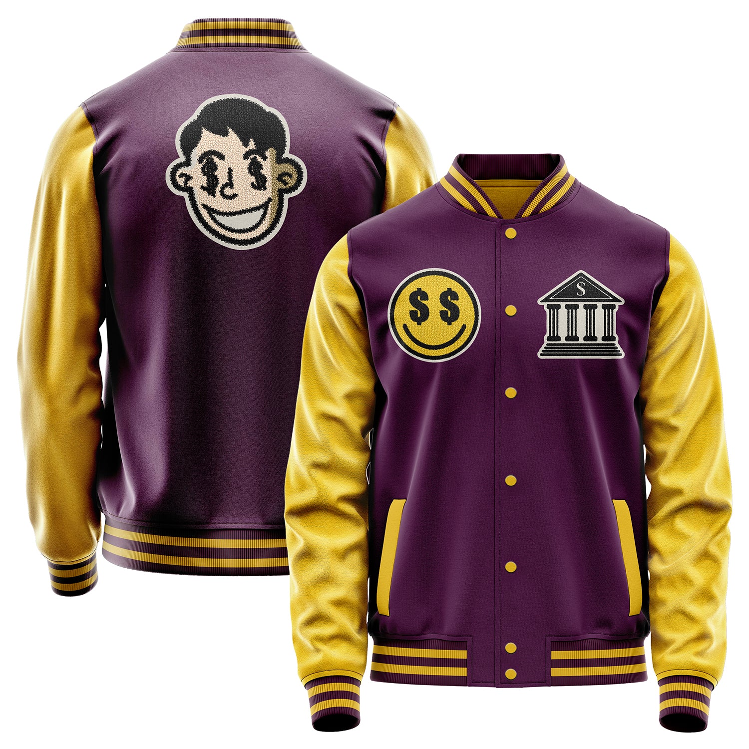 Custom Purple Varsity Jacket Patches Egg Yellow Leather Sleeves - Boy emoji