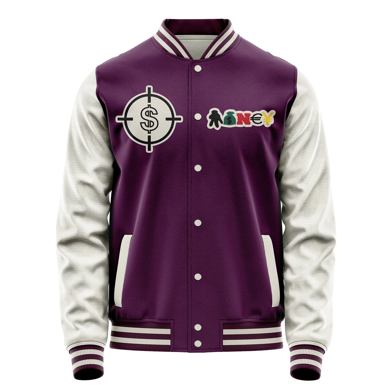 Custom Purple Varsity Jacket Patches Beige Leather Sleeves - Dollar Badge