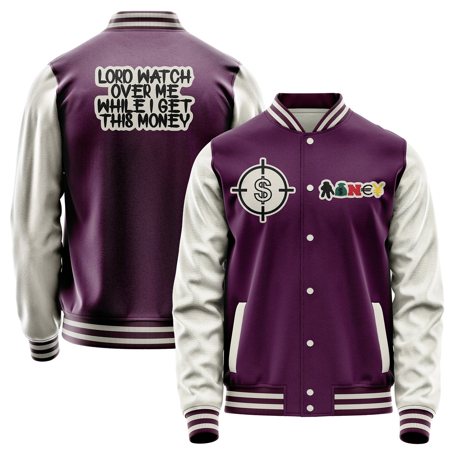 Custom Purple Varsity Jacket Patches Beige Leather Sleeves - Dollar Badge