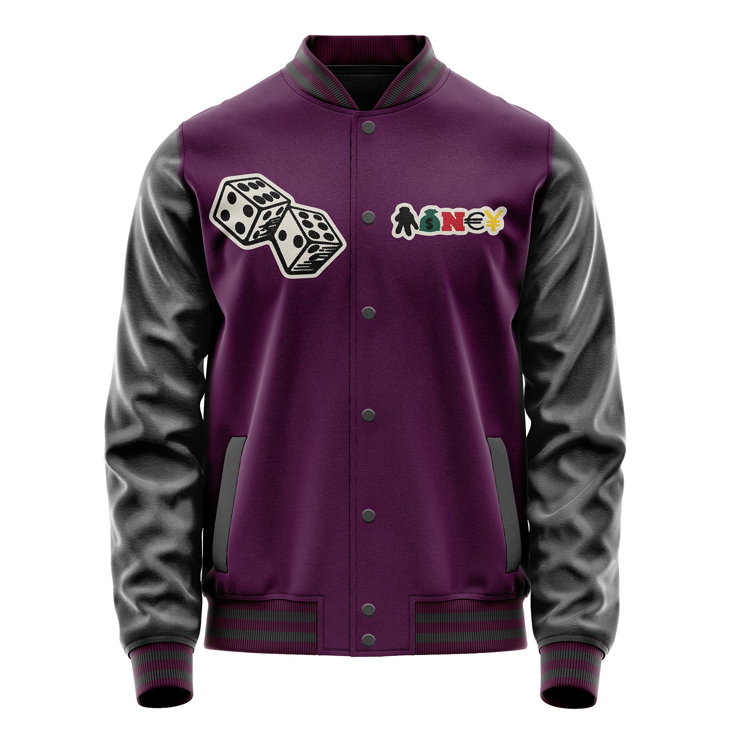 Custom Purple Varsity Jacket Patches Dark Gray Leather Sleeves - Dice