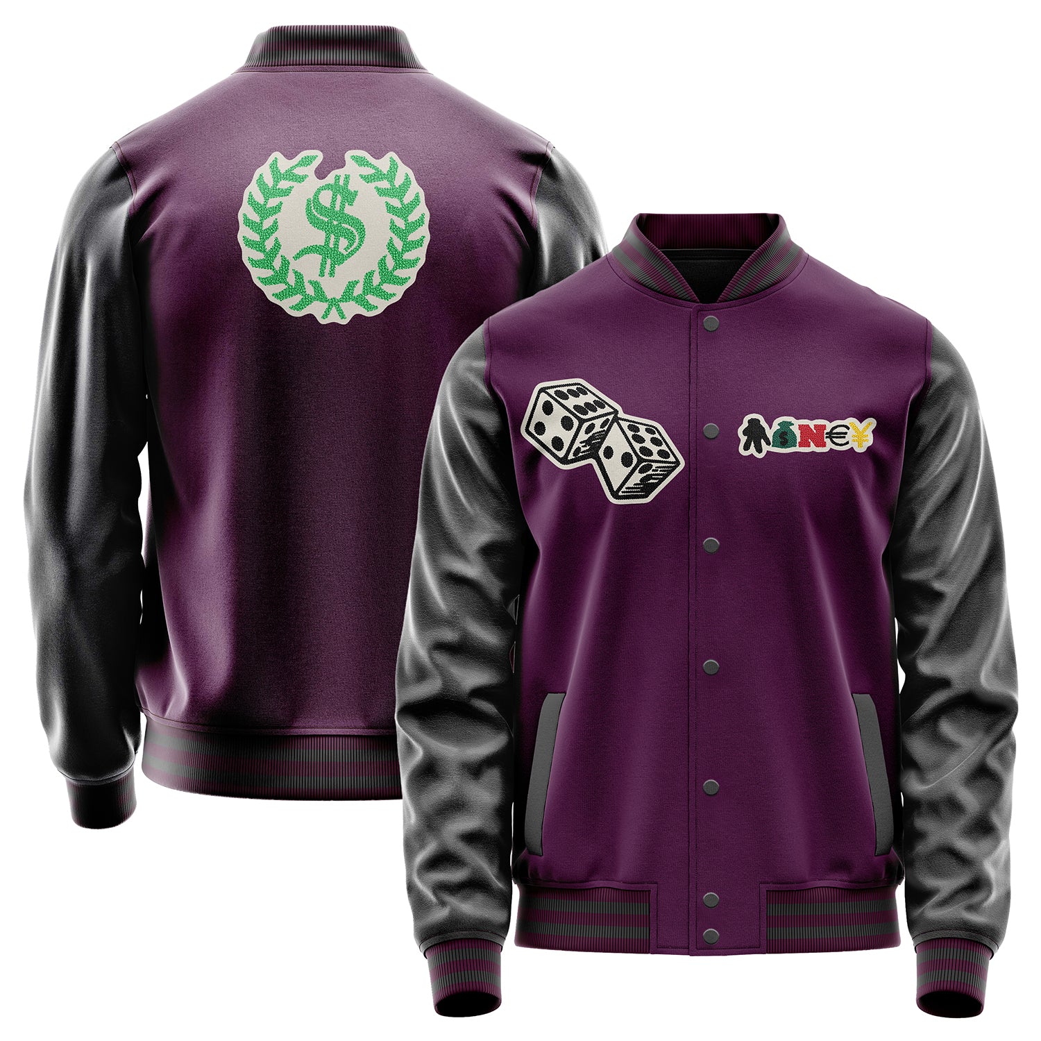 Custom Purple Varsity Jacket Patches Dark Gray Leather Sleeves - Dice