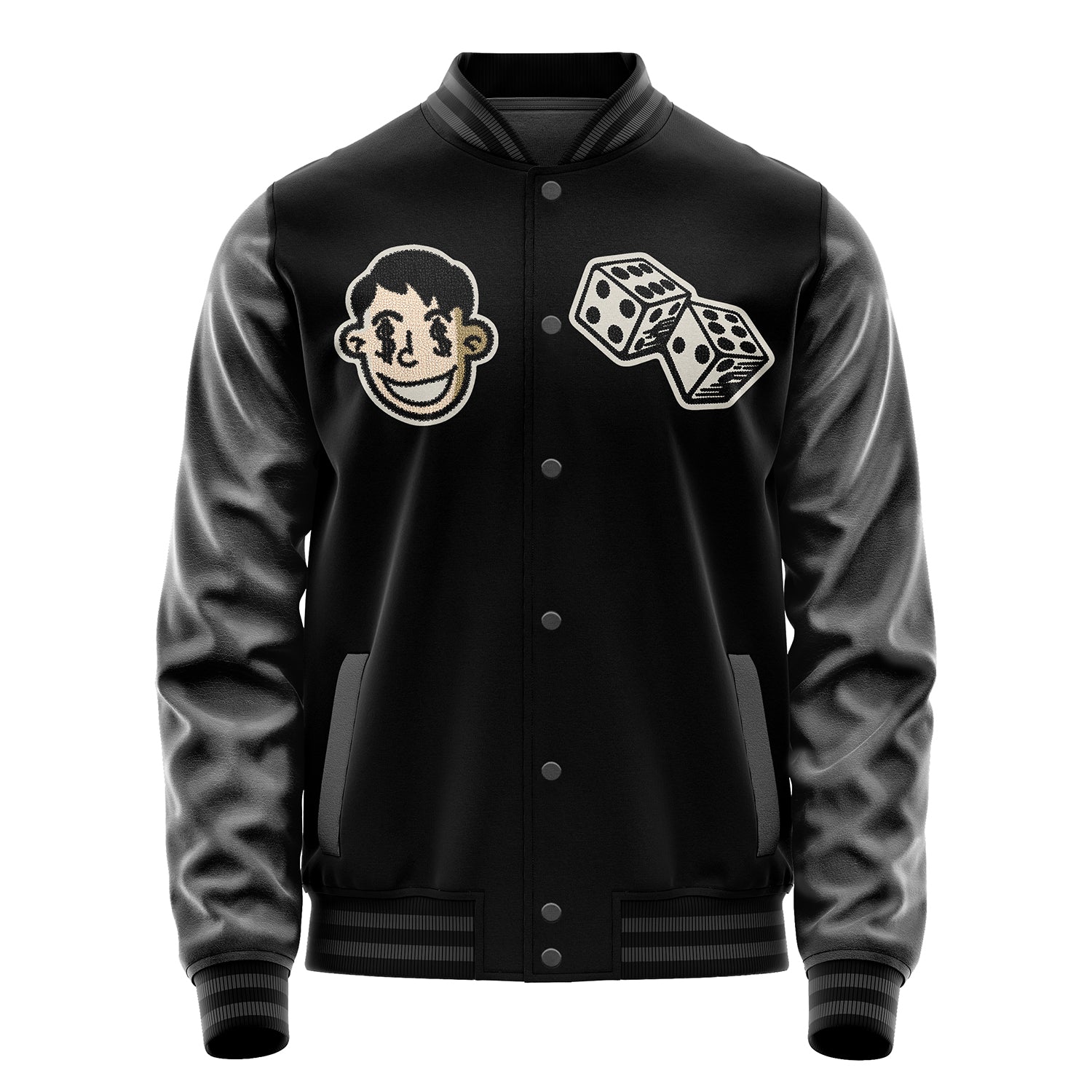 Custom Black Varsity Jacket Patches Dark Gray Leather Sleeves - Dice