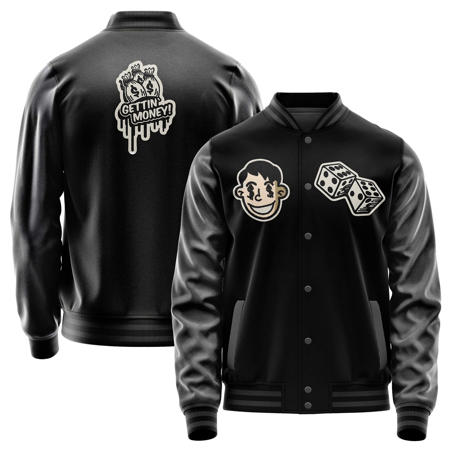 Custom Black Varsity Jacket Patches Dark Gray Leather Sleeves - Dice