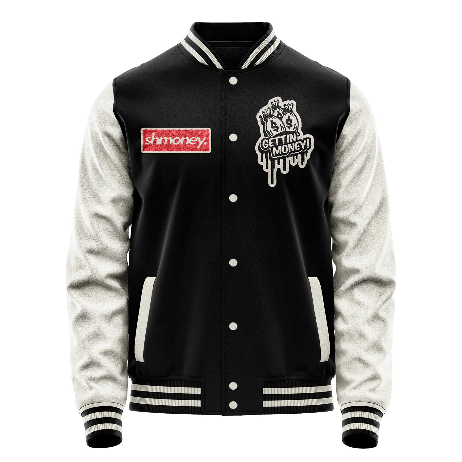 Custom Black Varsity Jacket Patches Beige Leather Sleeves - Shmoney