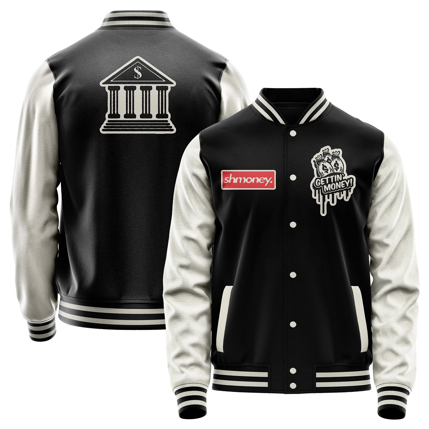 Custom Black Varsity Jacket Patches Beige Leather Sleeves - Shmoney