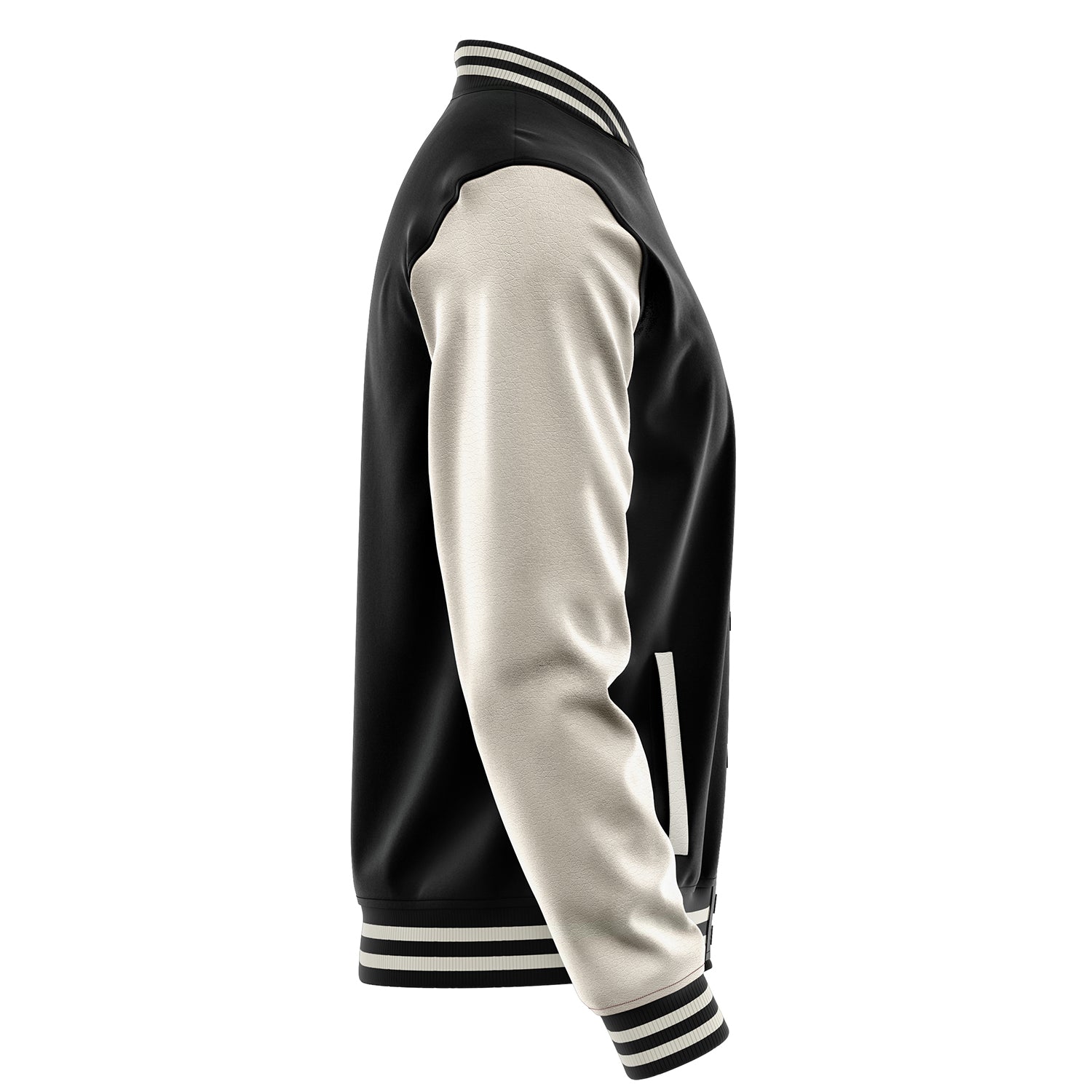 Custom Black Varsity Jacket Patches Beige Leather Sleeves - Shmoney