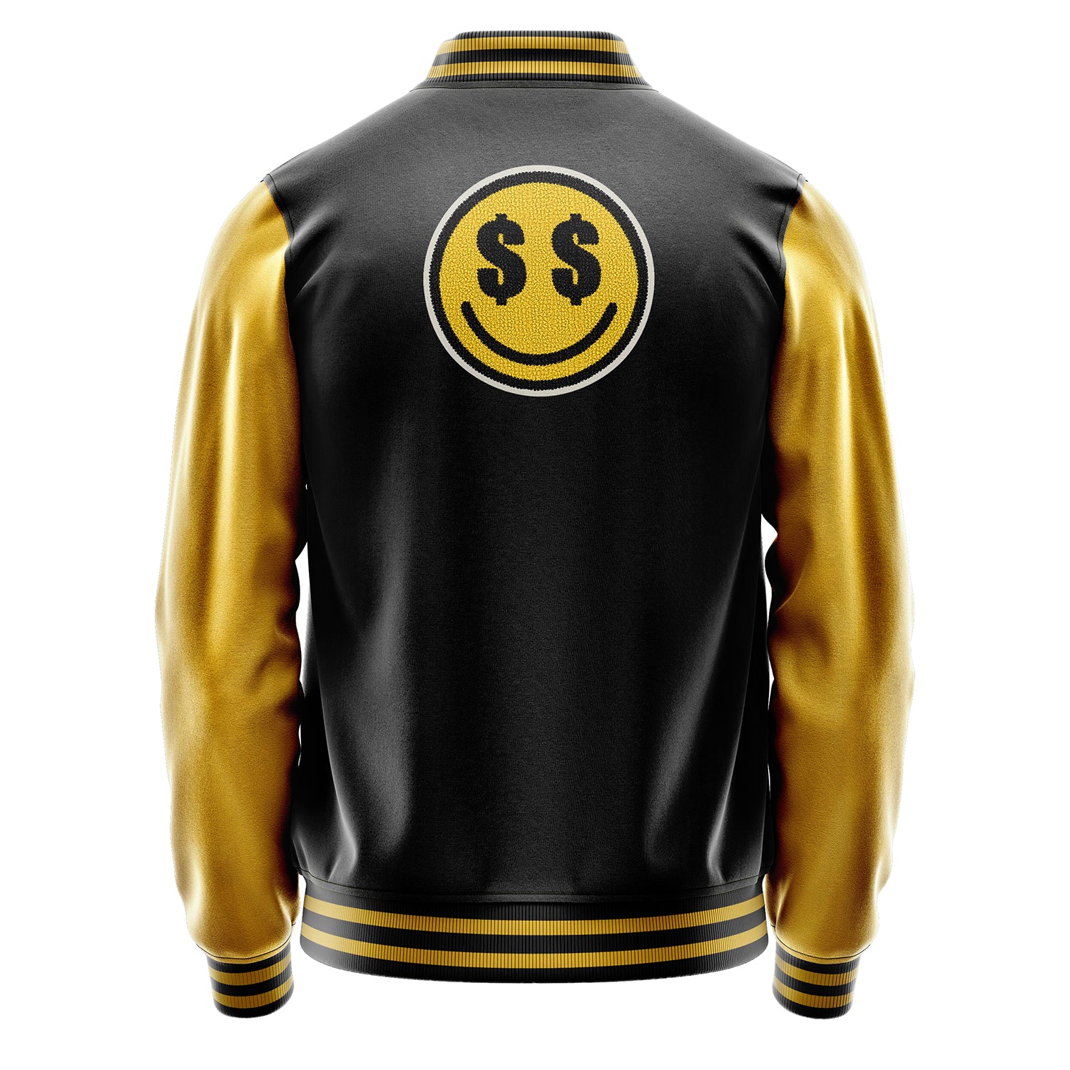 Custom Black Varsity Jacket Patches Egg Yellow Leather Sleeves - Lord Watch Over Me