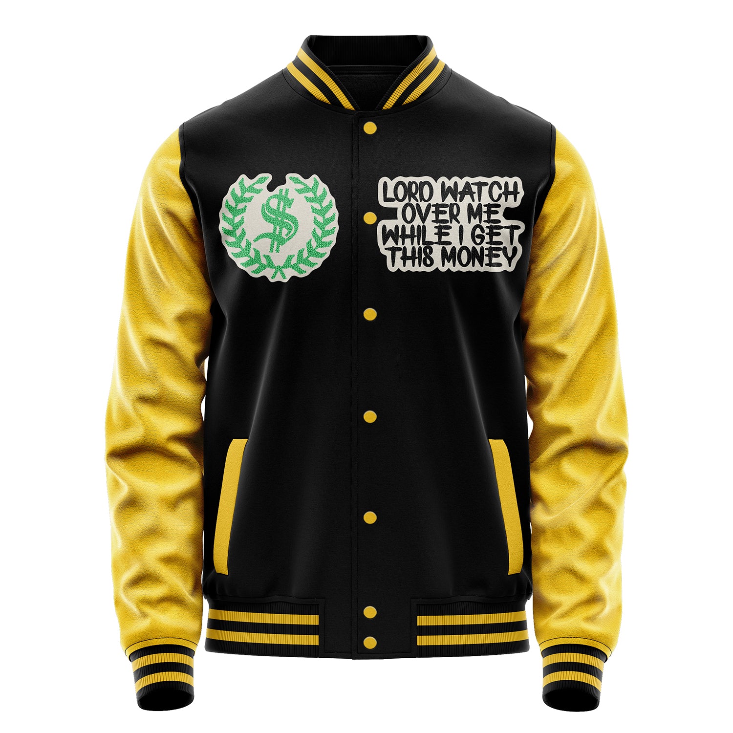 Custom Black Varsity Jacket Patches Egg Yellow Leather Sleeves - Lord Watch Over Me