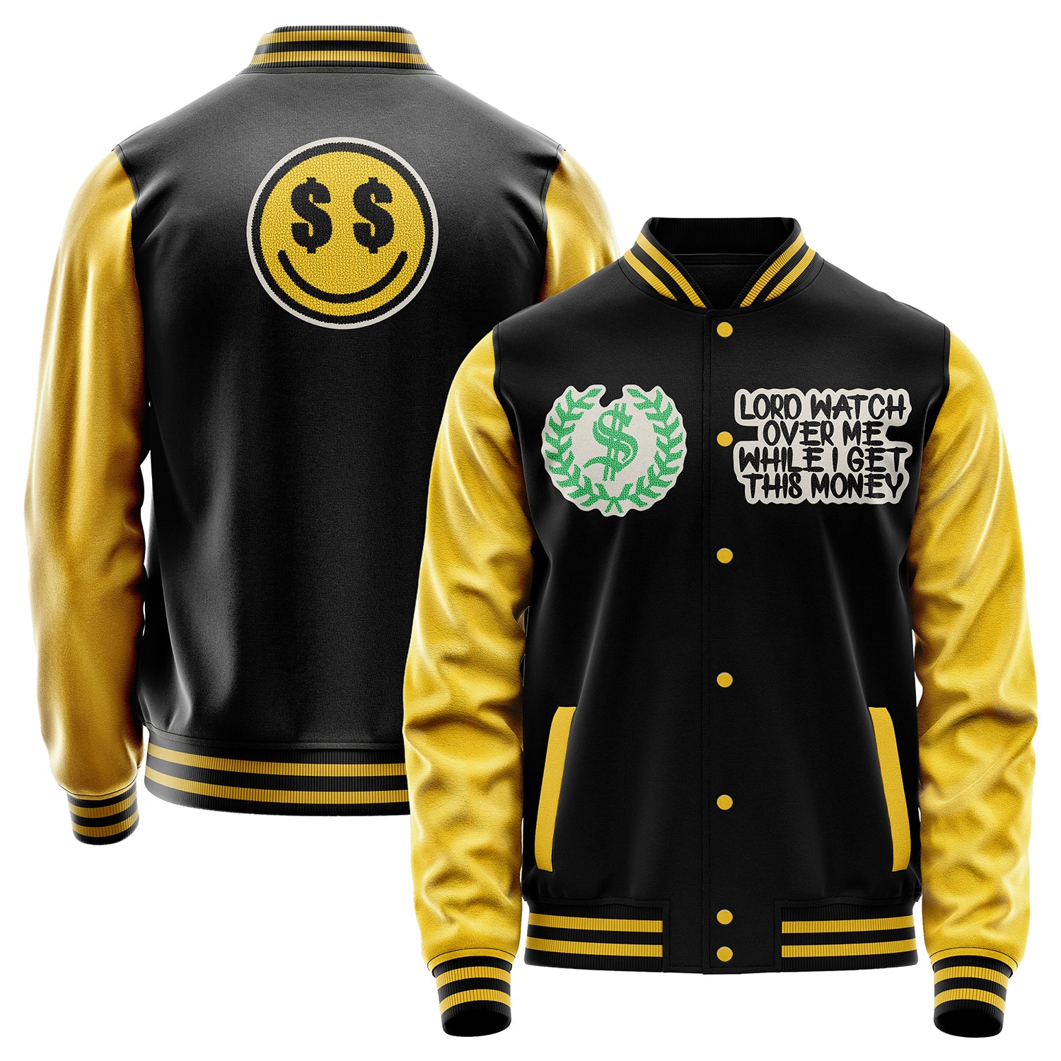 Custom Black Varsity Jacket Patches Egg Yellow Leather Sleeves - Lord Watch Over Me