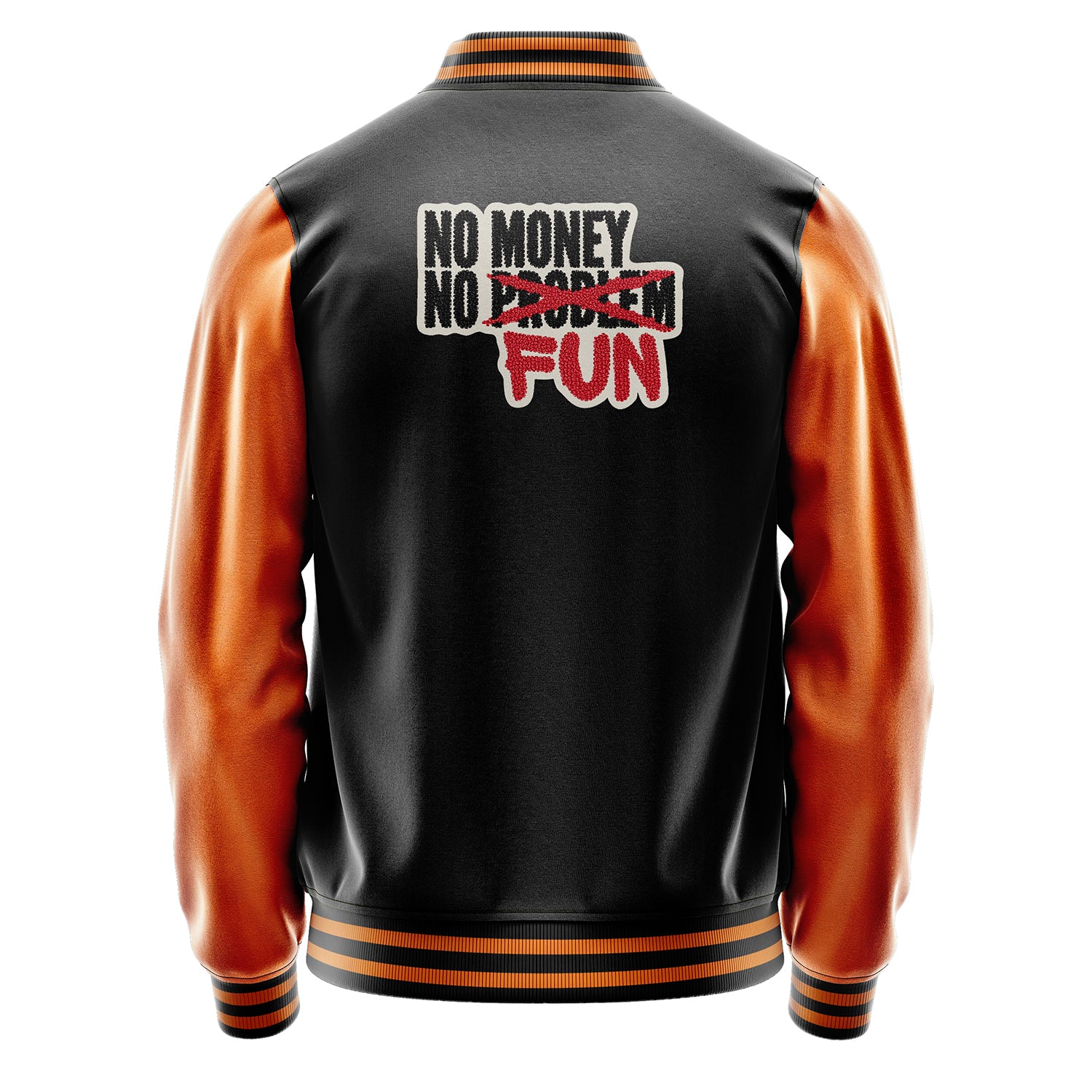 Custom Black Varsity Jacket Patches Orange Leather Sleeves - Dollar Badge