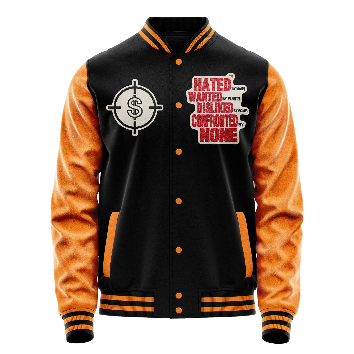 Custom Black Varsity Jacket Patches Orange Leather Sleeves - Dollar Badge