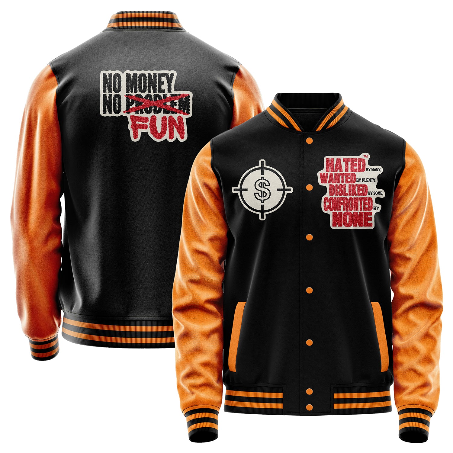 Custom Black Varsity Jacket Patches Orange Leather Sleeves - Dollar Badge