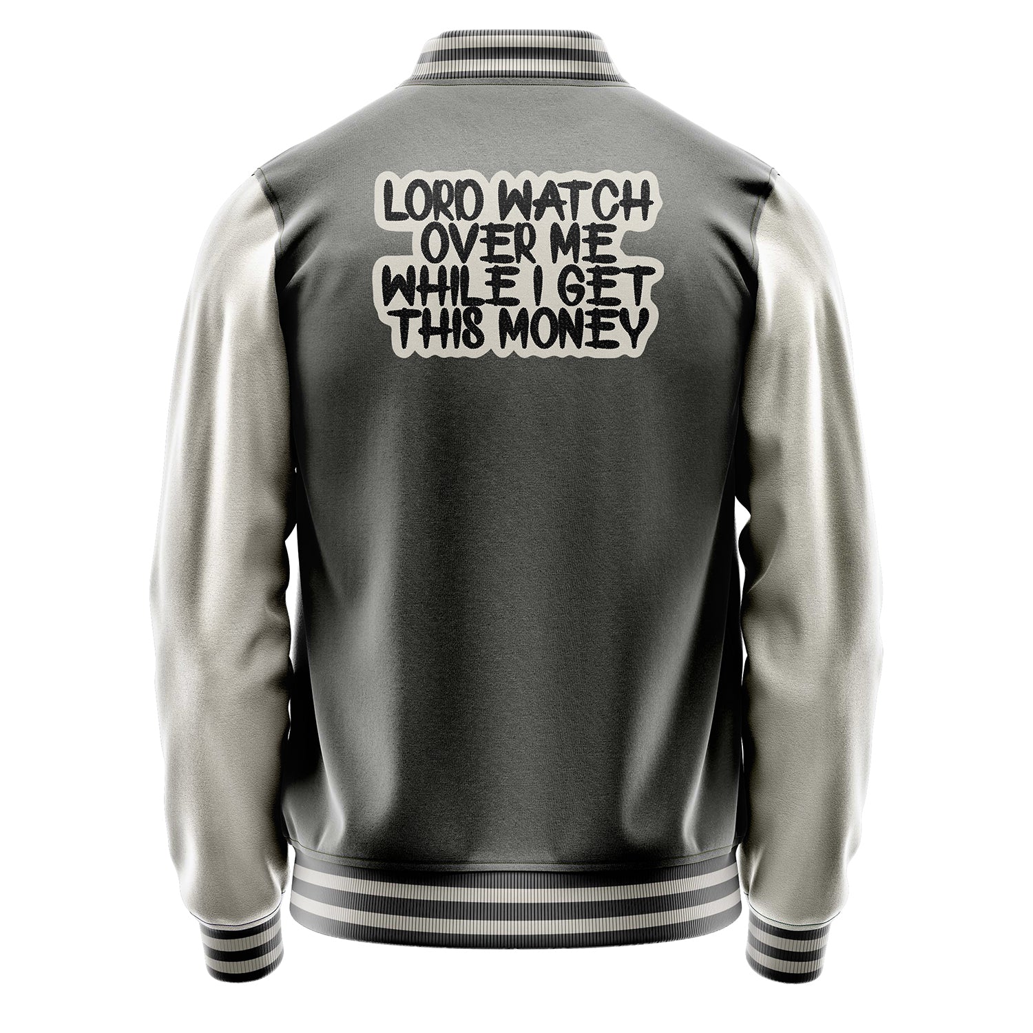 Custom Gray Varsity Jacket Patches Beige Leather Sleeves - Dollar Badge