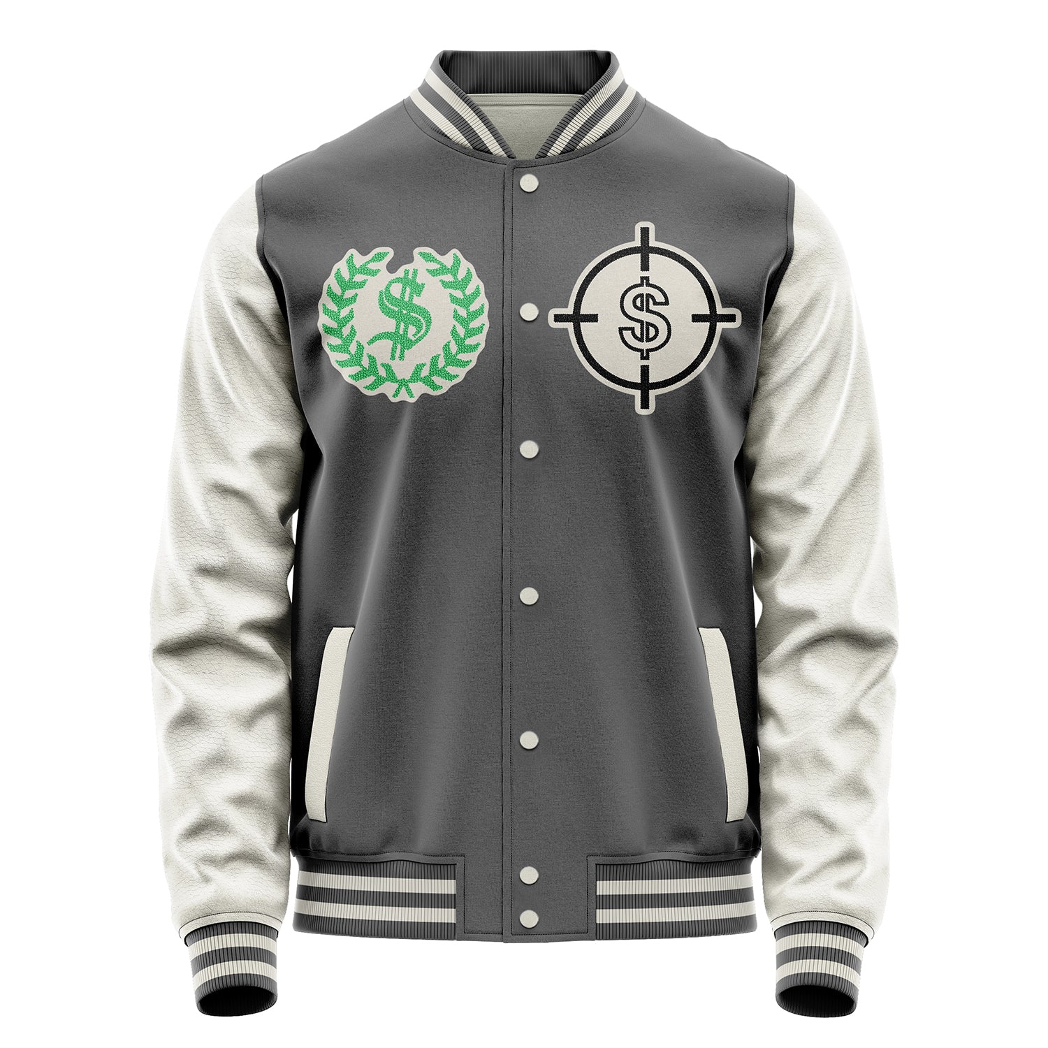 Custom Gray Varsity Jacket Patches Beige Leather Sleeves - Dollar Badge