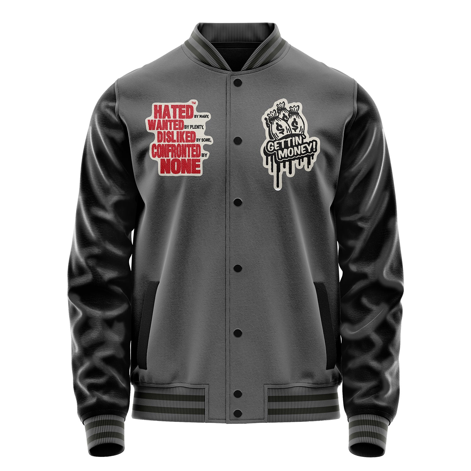 Custom Gray Varsity Jacket Patches Black Leather Sleeves - Hated Wanted Dosliked Confornted NONE