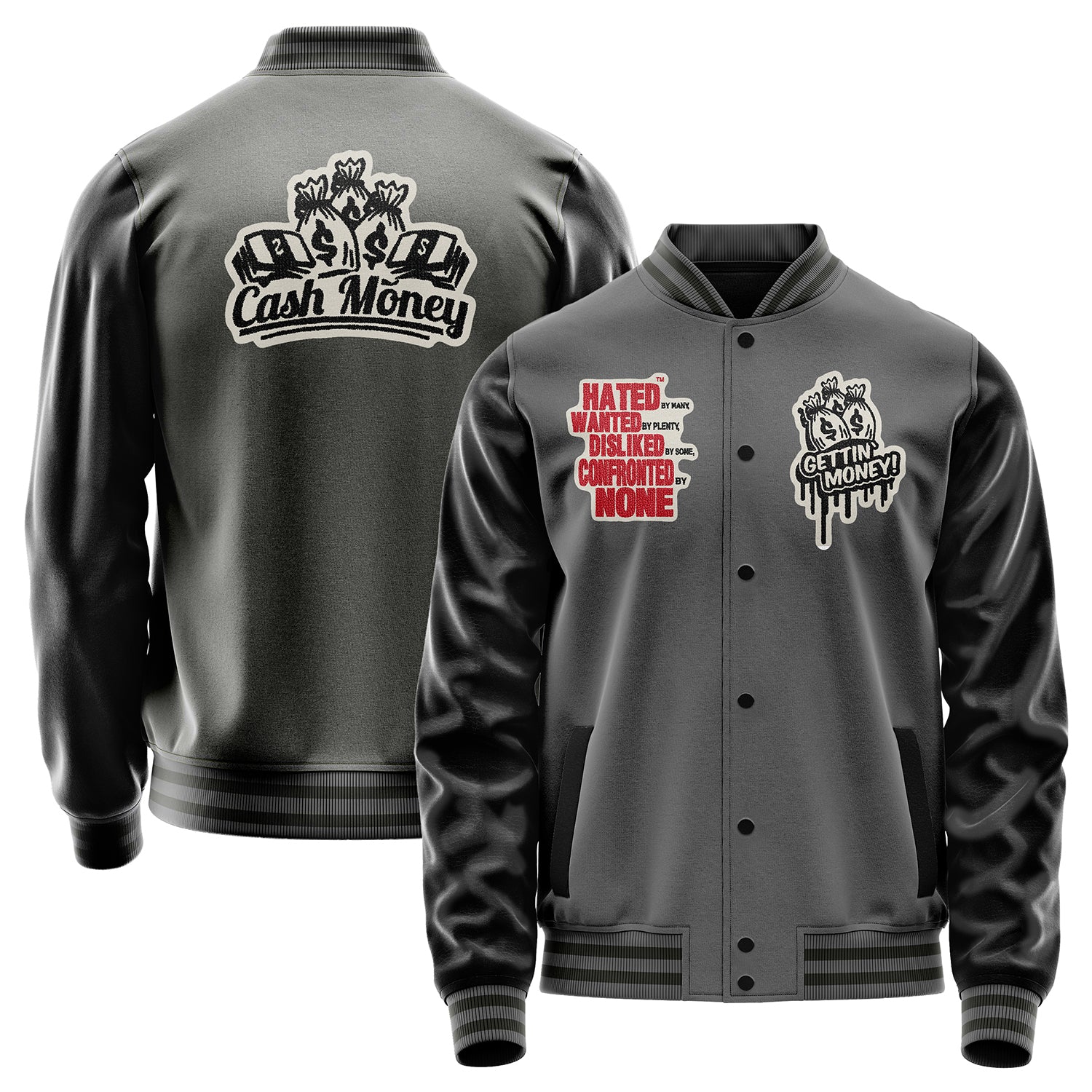 Custom Gray Varsity Jacket Patches Black Leather Sleeves - Hated Wanted Dosliked Confornted NONE