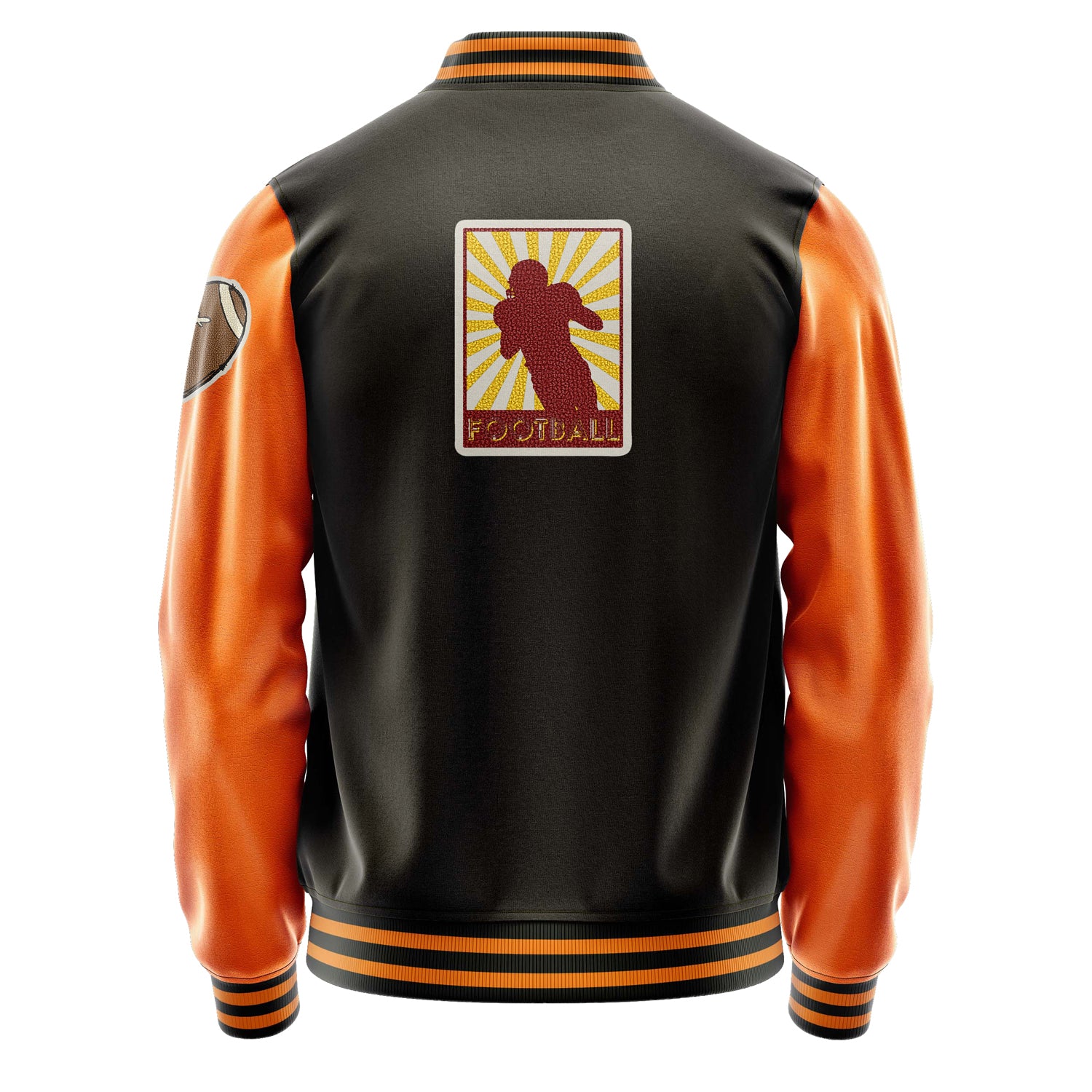 Custom Brown Varsity Jacket Patches Orange Leather Sleeves - Love Footballl