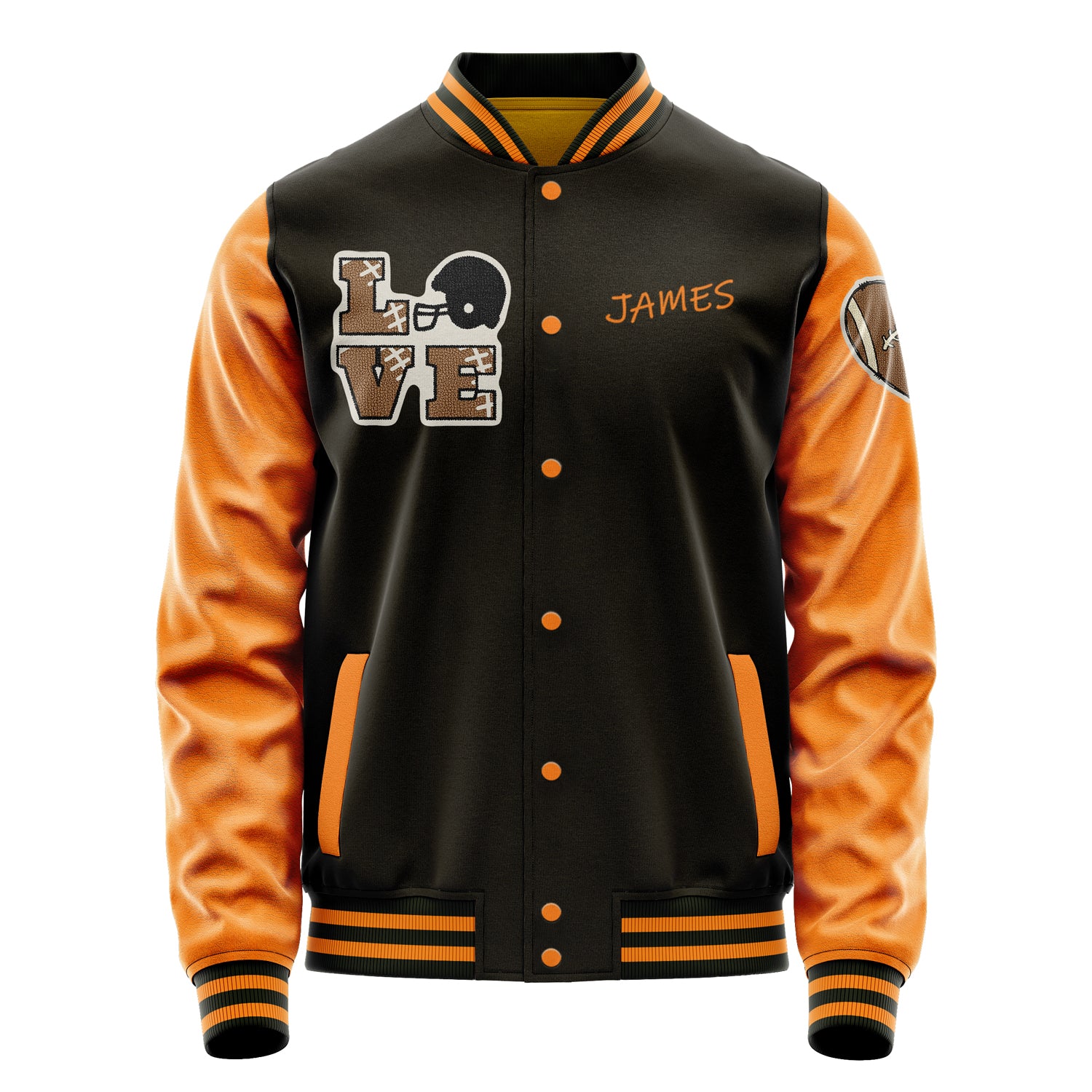 Custom Brown Varsity Jacket Patches Orange Leather Sleeves - Love Footballl