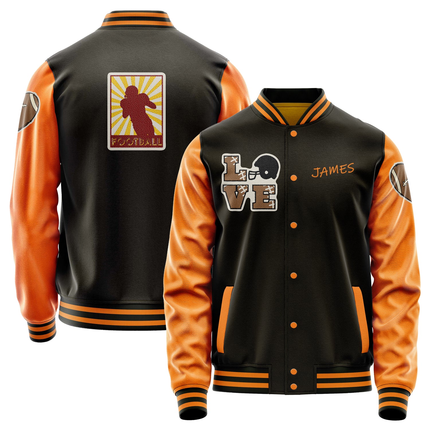 Custom Brown Varsity Jacket Patches Orange Leather Sleeves - Love Footballl